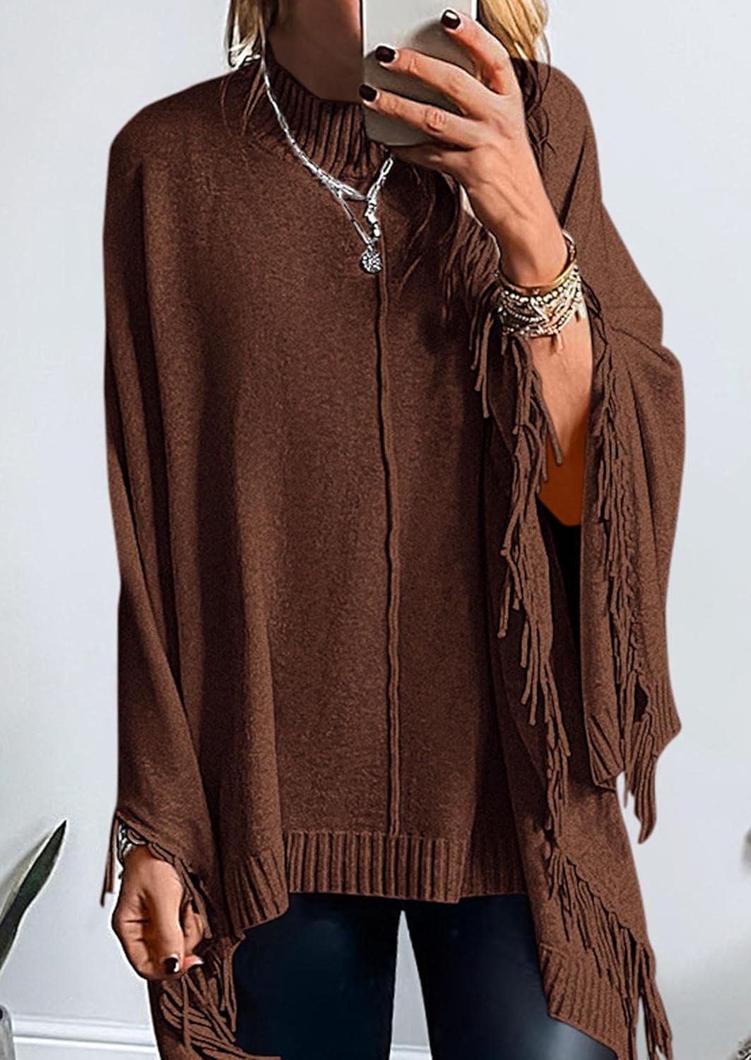imagePRETTYGARDEN Womens 2025 Fall Winter Poncho Sweaters Trendy Chunky Knit Fringe Shawls Wraps Pullover Tops Holiday OutfitsBrown