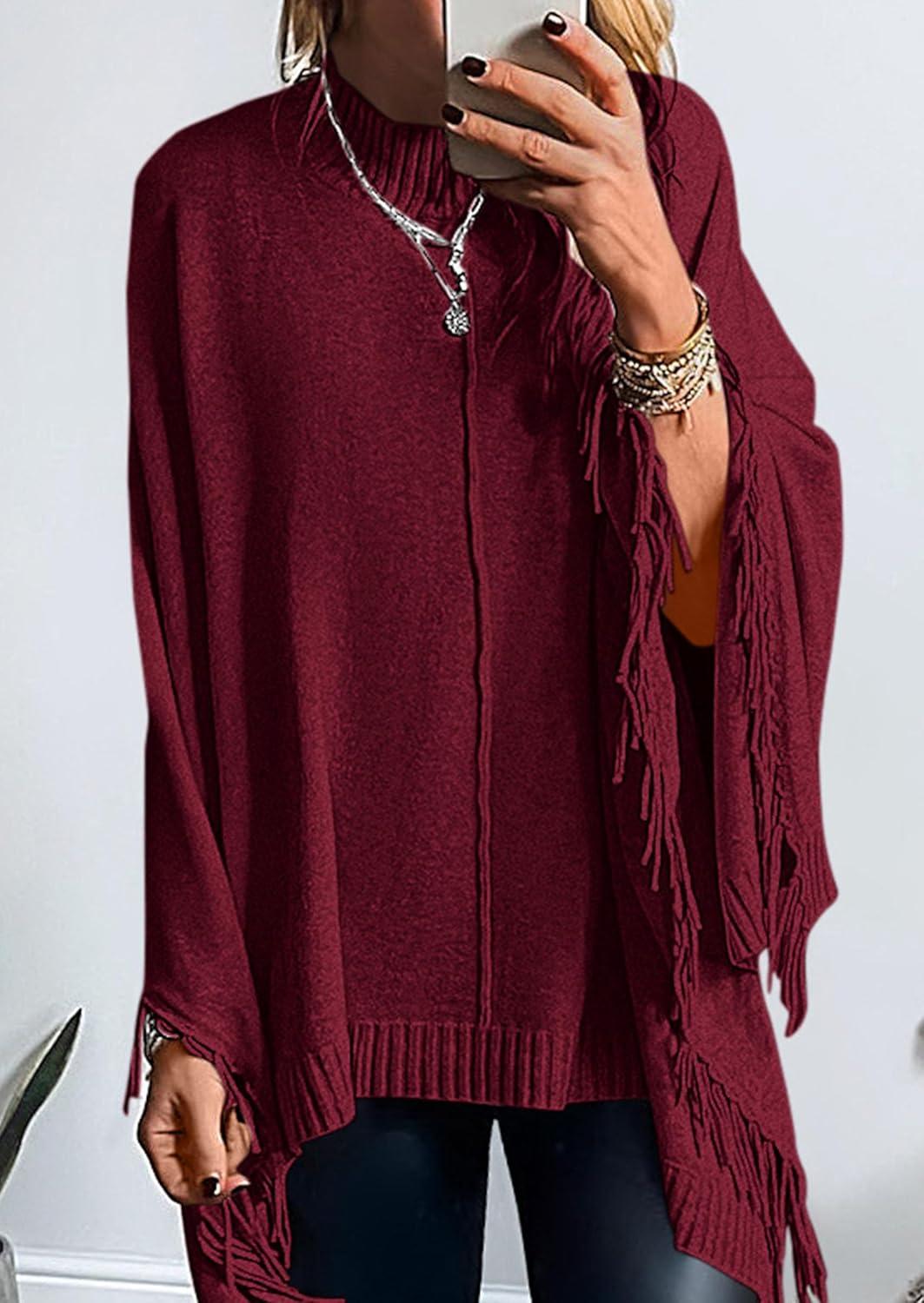 imagePRETTYGARDEN Womens 2025 Fall Winter Poncho Sweaters Trendy Chunky Knit Fringe Shawls Wraps Pullover Tops Holiday OutfitsBurgundy