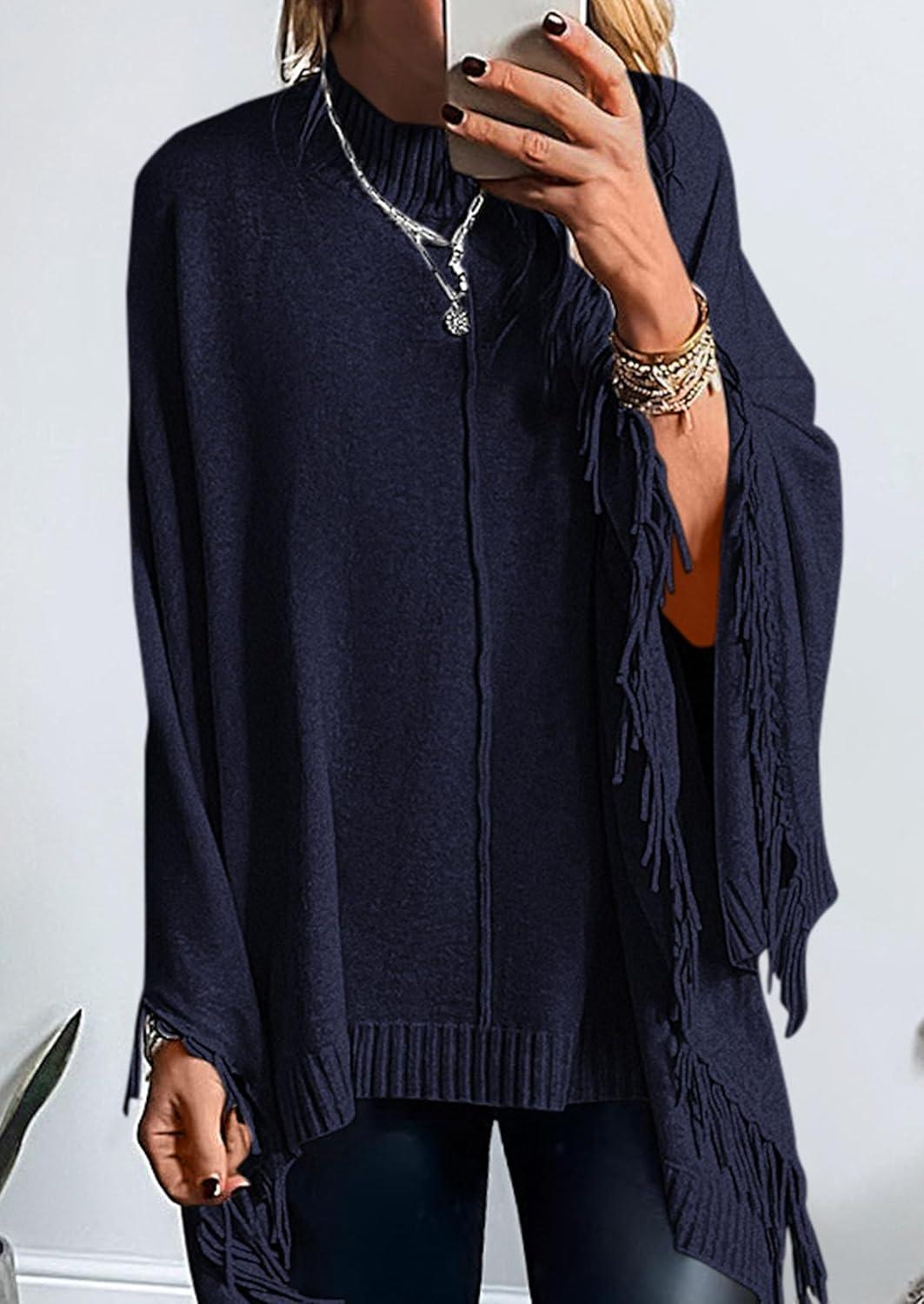imagePRETTYGARDEN Womens 2025 Fall Winter Poncho Sweaters Trendy Chunky Knit Fringe Shawls Wraps Pullover Tops Holiday OutfitsNavy Blue