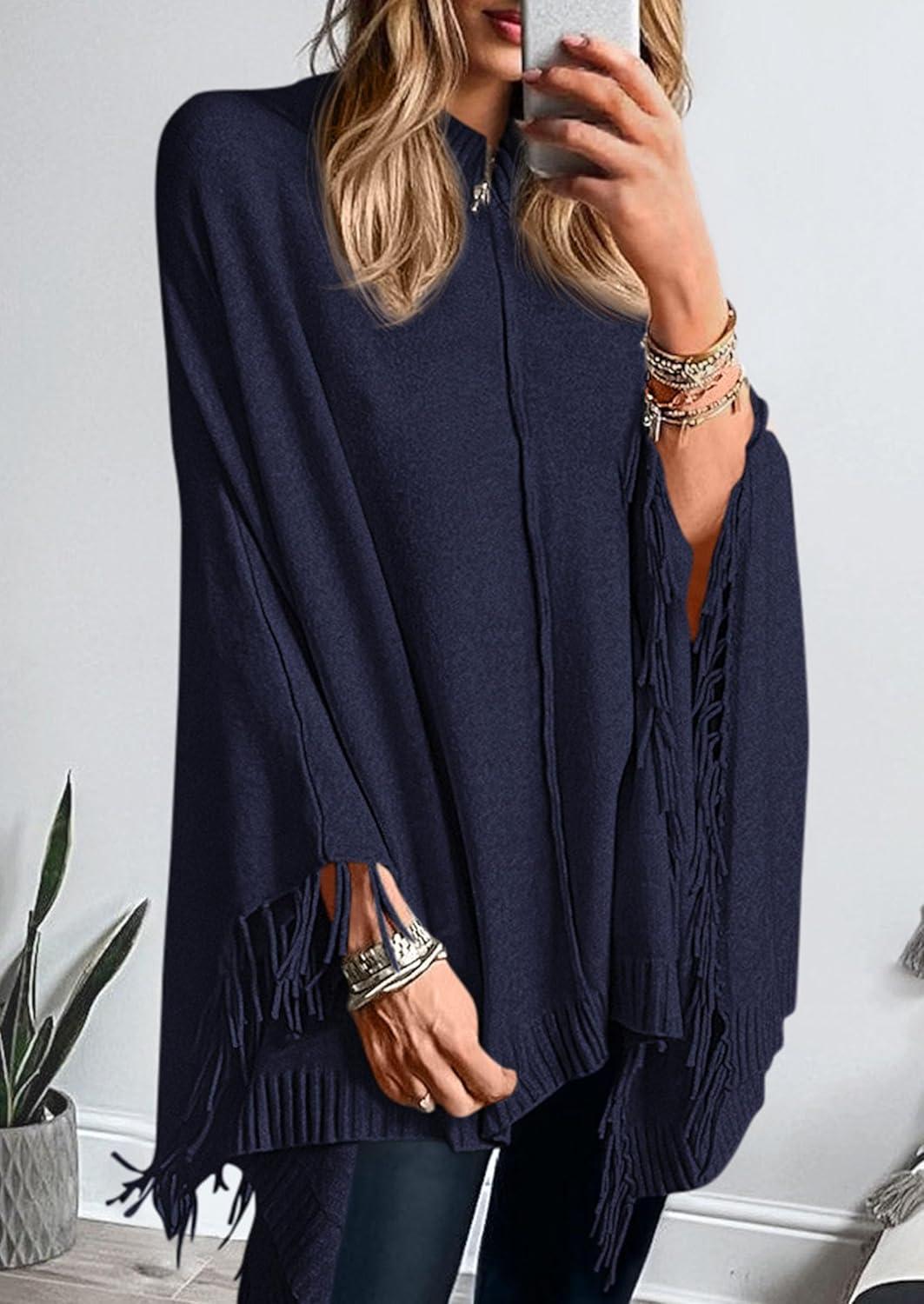 imagePRETTYGARDEN Womens 2025 Fall Winter Poncho Sweaters Trendy Chunky Knit Fringe Shawls Wraps Pullover Tops Holiday OutfitsNavy Blue