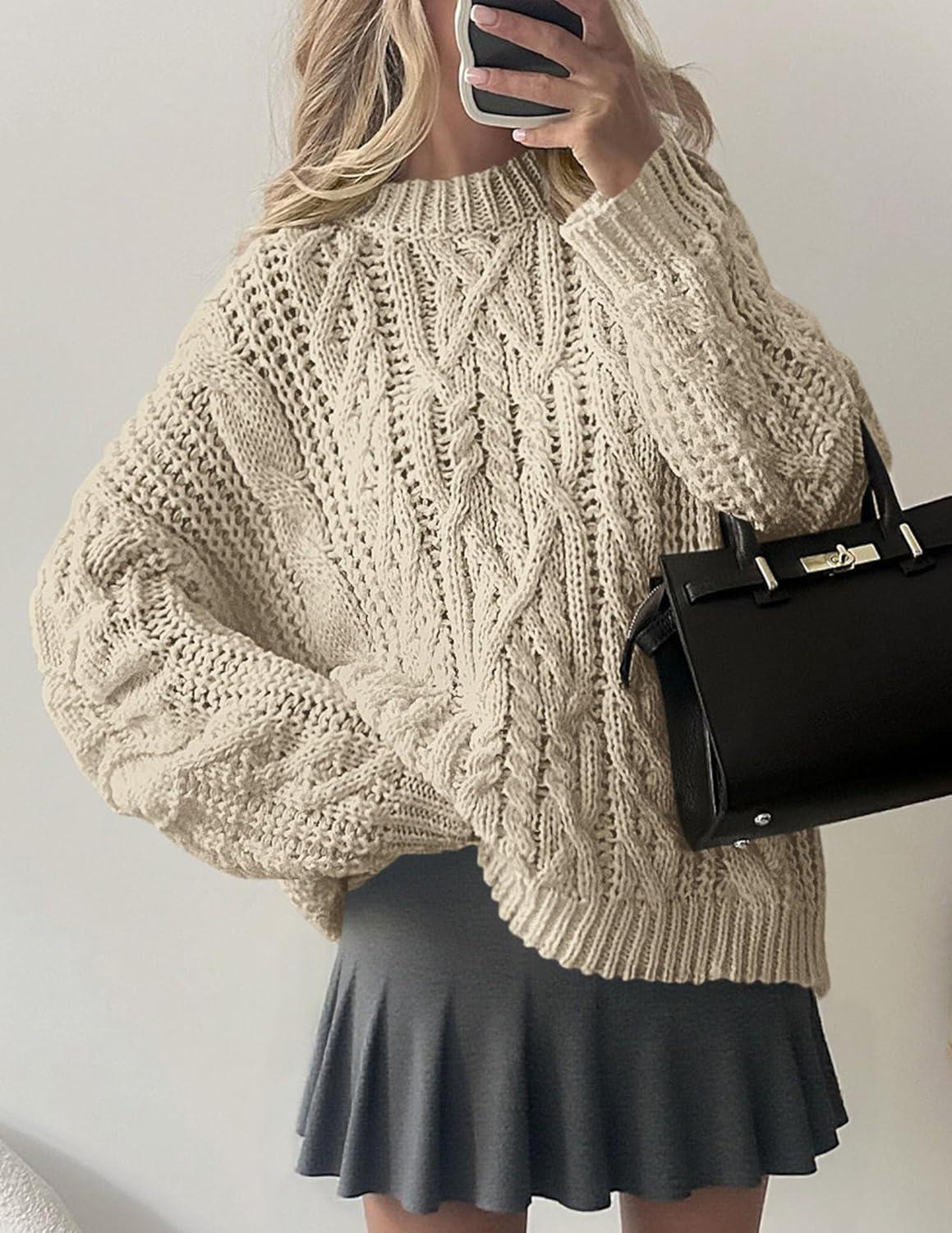 imagePRETTYGARDEN Womens Oversized Fall Sweaters 2025 Casual Long Sleeve Crewneck Chunky Cable Knit Pullover Tops Winter ClothesApricot