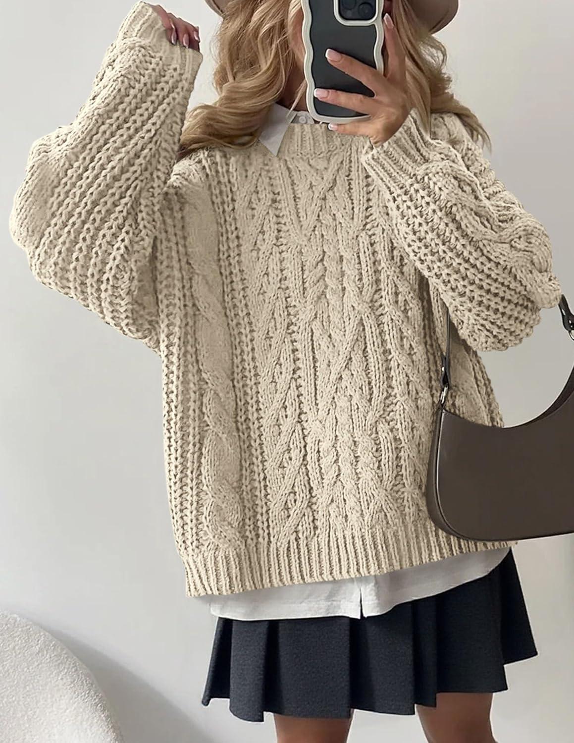 imagePRETTYGARDEN Womens Oversized Fall Sweaters 2025 Casual Long Sleeve Crewneck Chunky Cable Knit Pullover Tops Winter ClothesApricot