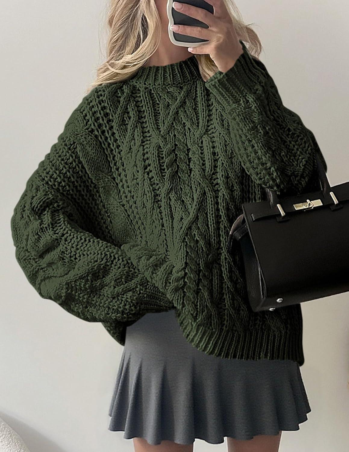 imagePRETTYGARDEN Womens Oversized Fall Sweaters 2025 Casual Long Sleeve Crewneck Chunky Cable Knit Pullover Tops Winter ClothesArmy Green