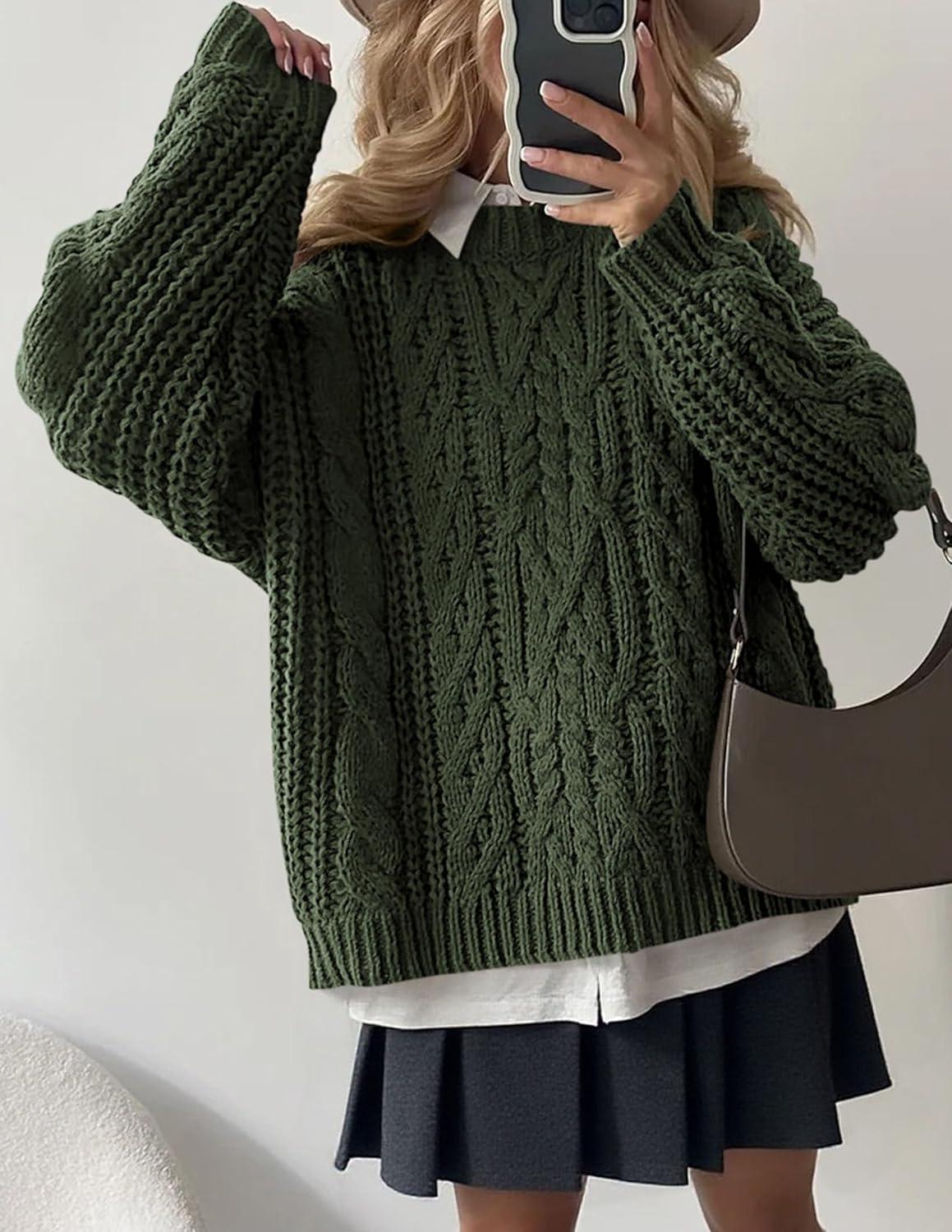imagePRETTYGARDEN Womens Oversized Fall Sweaters 2025 Casual Long Sleeve Crewneck Chunky Cable Knit Pullover Tops Winter ClothesArmy Green
