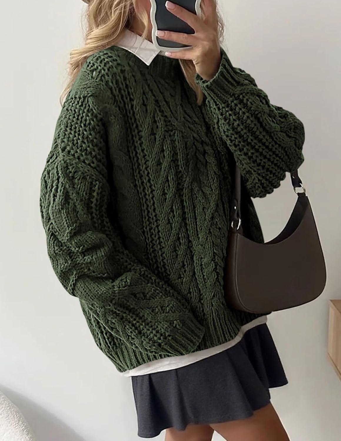 imagePRETTYGARDEN Womens Oversized Fall Sweaters 2025 Casual Long Sleeve Crewneck Chunky Cable Knit Pullover Tops Winter ClothesArmy Green