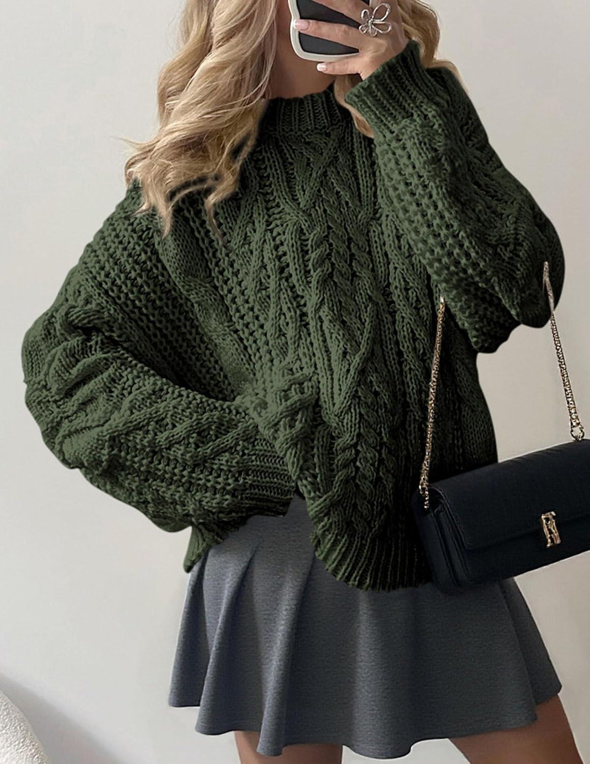 imagePRETTYGARDEN Womens Oversized Fall Sweaters 2025 Casual Long Sleeve Crewneck Chunky Cable Knit Pullover Tops Winter ClothesArmy Green