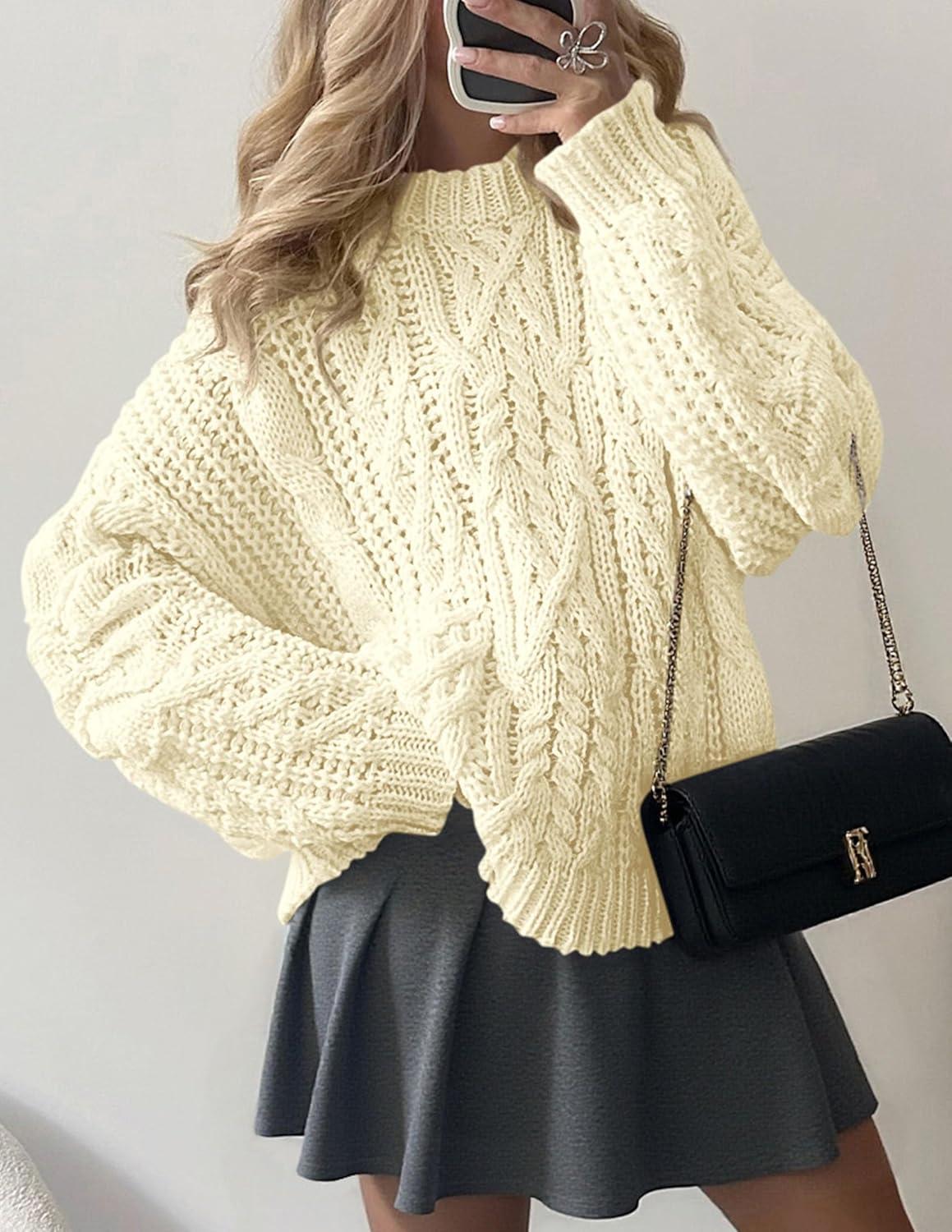 imagePRETTYGARDEN Womens Oversized Fall Sweaters 2025 Casual Long Sleeve Crewneck Chunky Cable Knit Pullover Tops Winter ClothesBeige