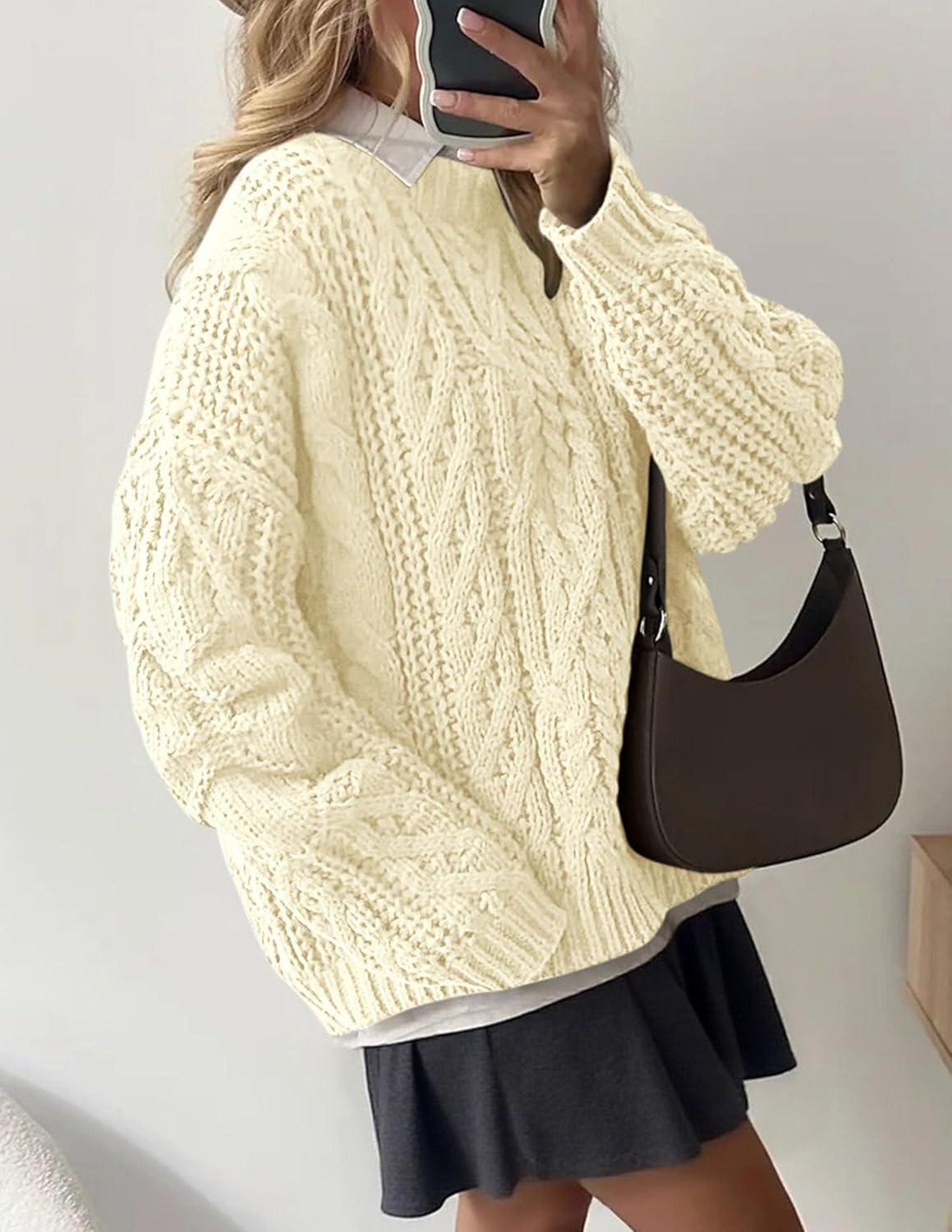 imagePRETTYGARDEN Womens Oversized Fall Sweaters 2025 Casual Long Sleeve Crewneck Chunky Cable Knit Pullover Tops Winter ClothesBeige