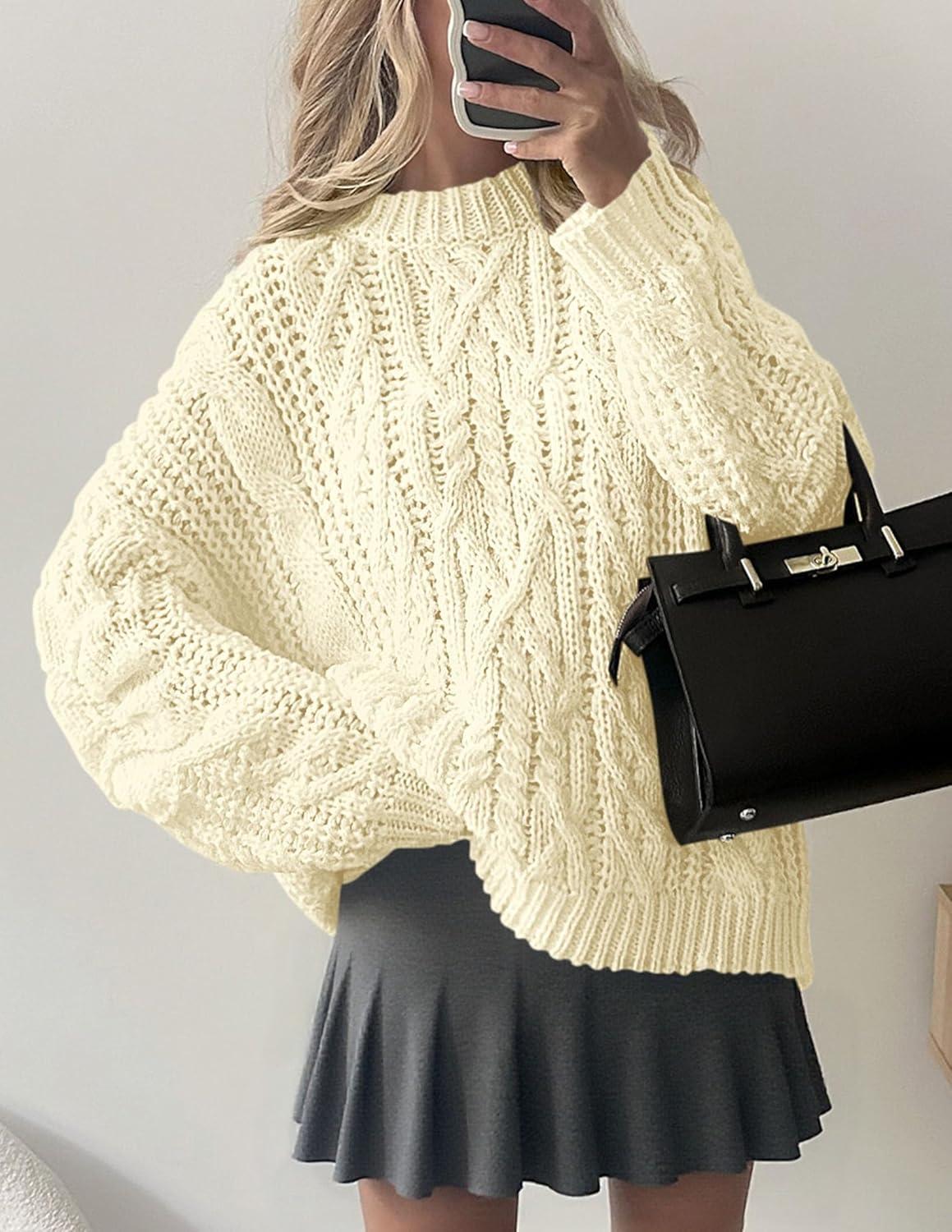 imagePRETTYGARDEN Womens Oversized Fall Sweaters 2025 Casual Long Sleeve Crewneck Chunky Cable Knit Pullover Tops Winter ClothesBeige
