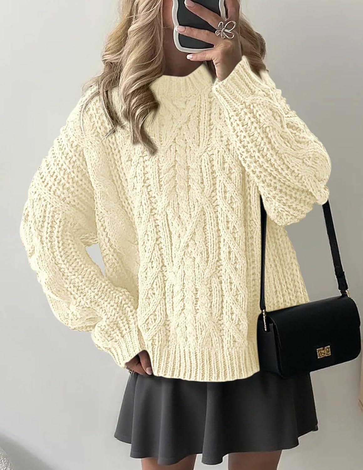 imagePRETTYGARDEN Womens Oversized Fall Sweaters 2025 Casual Long Sleeve Crewneck Chunky Cable Knit Pullover Tops Winter ClothesBeige