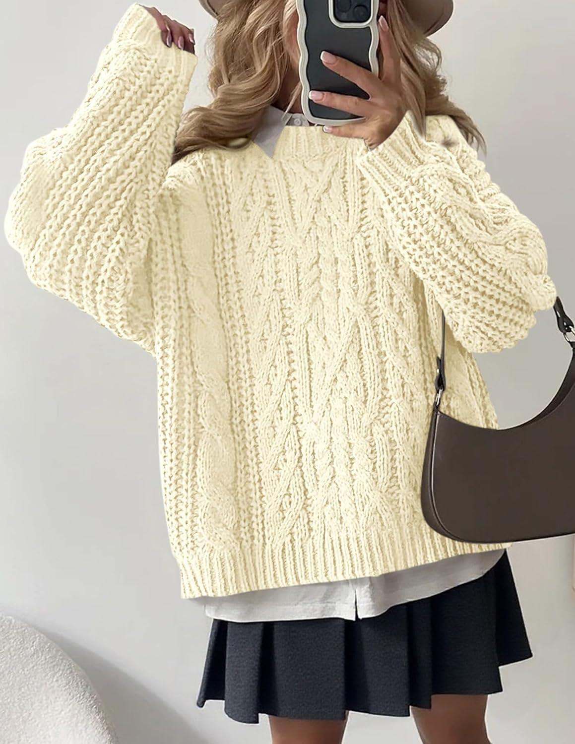 imagePRETTYGARDEN Womens Oversized Fall Sweaters 2025 Casual Long Sleeve Crewneck Chunky Cable Knit Pullover Tops Winter ClothesBeige