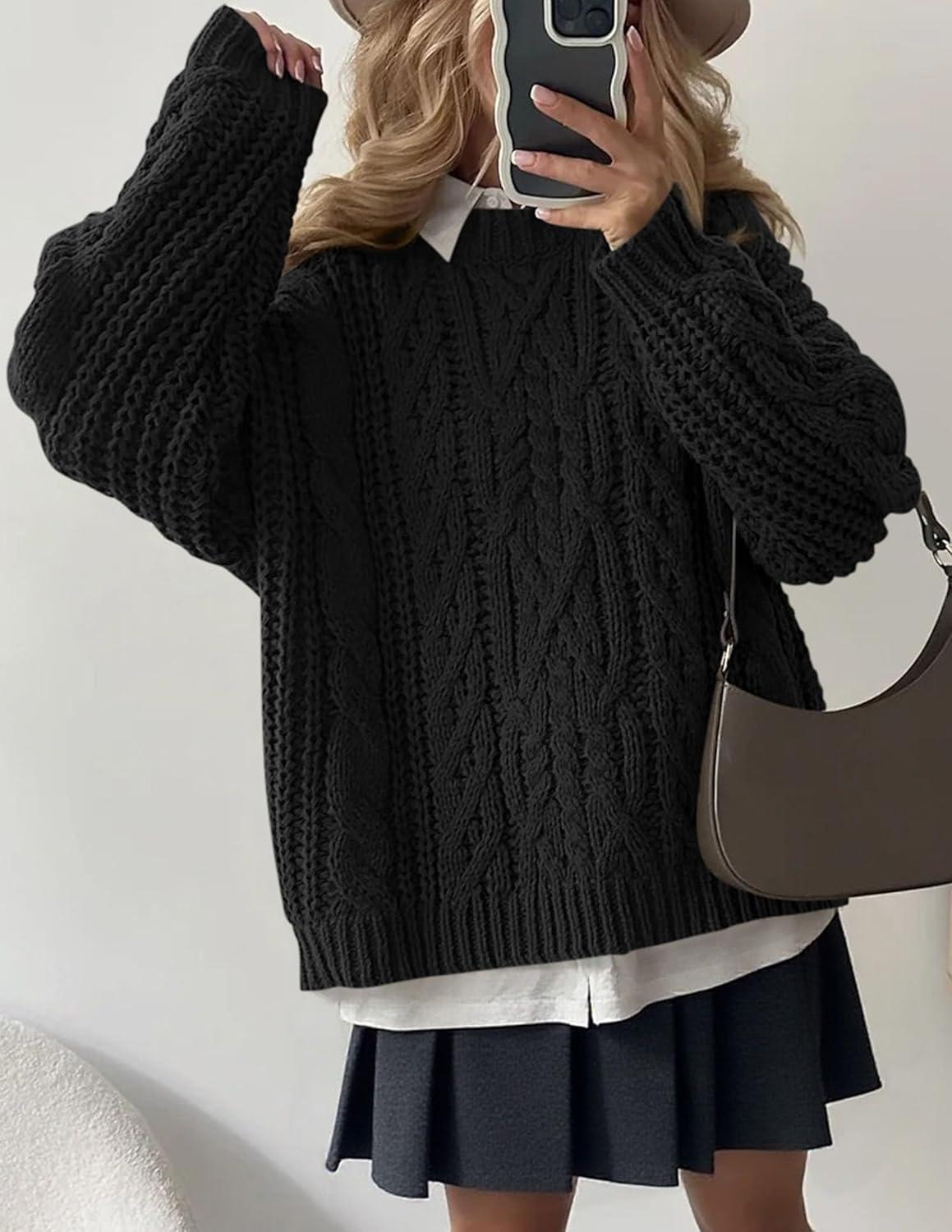 imagePRETTYGARDEN Womens Oversized Fall Sweaters 2025 Casual Long Sleeve Crewneck Chunky Cable Knit Pullover Tops Winter ClothesBlack