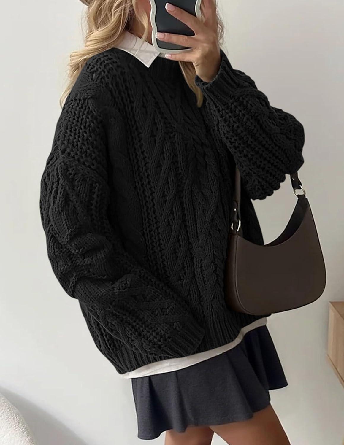 imagePRETTYGARDEN Womens Oversized Fall Sweaters 2025 Casual Long Sleeve Crewneck Chunky Cable Knit Pullover Tops Winter ClothesBlack