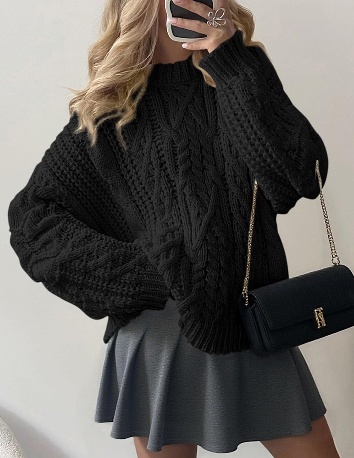 imagePRETTYGARDEN Womens Oversized Fall Sweaters 2025 Casual Long Sleeve Crewneck Chunky Cable Knit Pullover Tops Winter ClothesBlack
