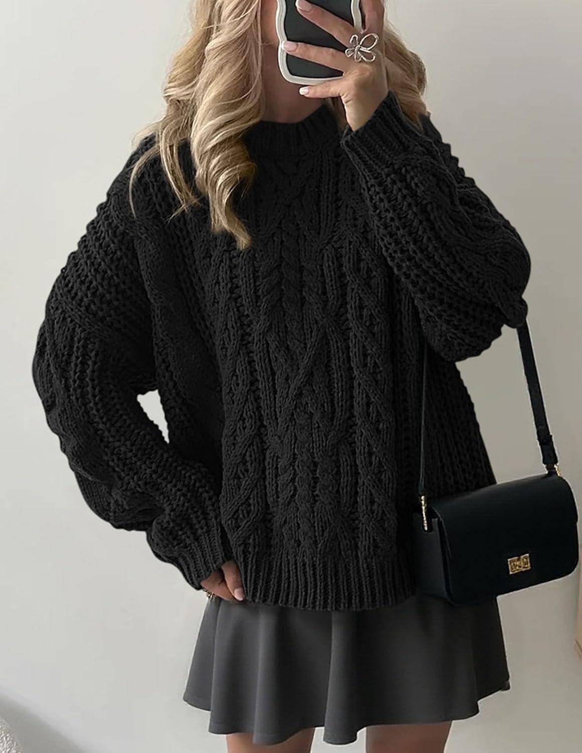 imagePRETTYGARDEN Womens Oversized Fall Sweaters 2025 Casual Long Sleeve Crewneck Chunky Cable Knit Pullover Tops Winter ClothesBlack