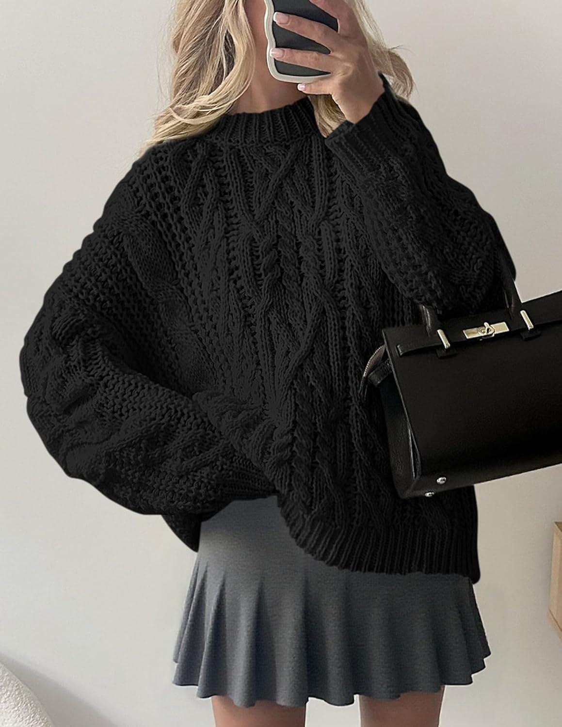 imagePRETTYGARDEN Womens Oversized Fall Sweaters 2025 Casual Long Sleeve Crewneck Chunky Cable Knit Pullover Tops Winter ClothesBlack