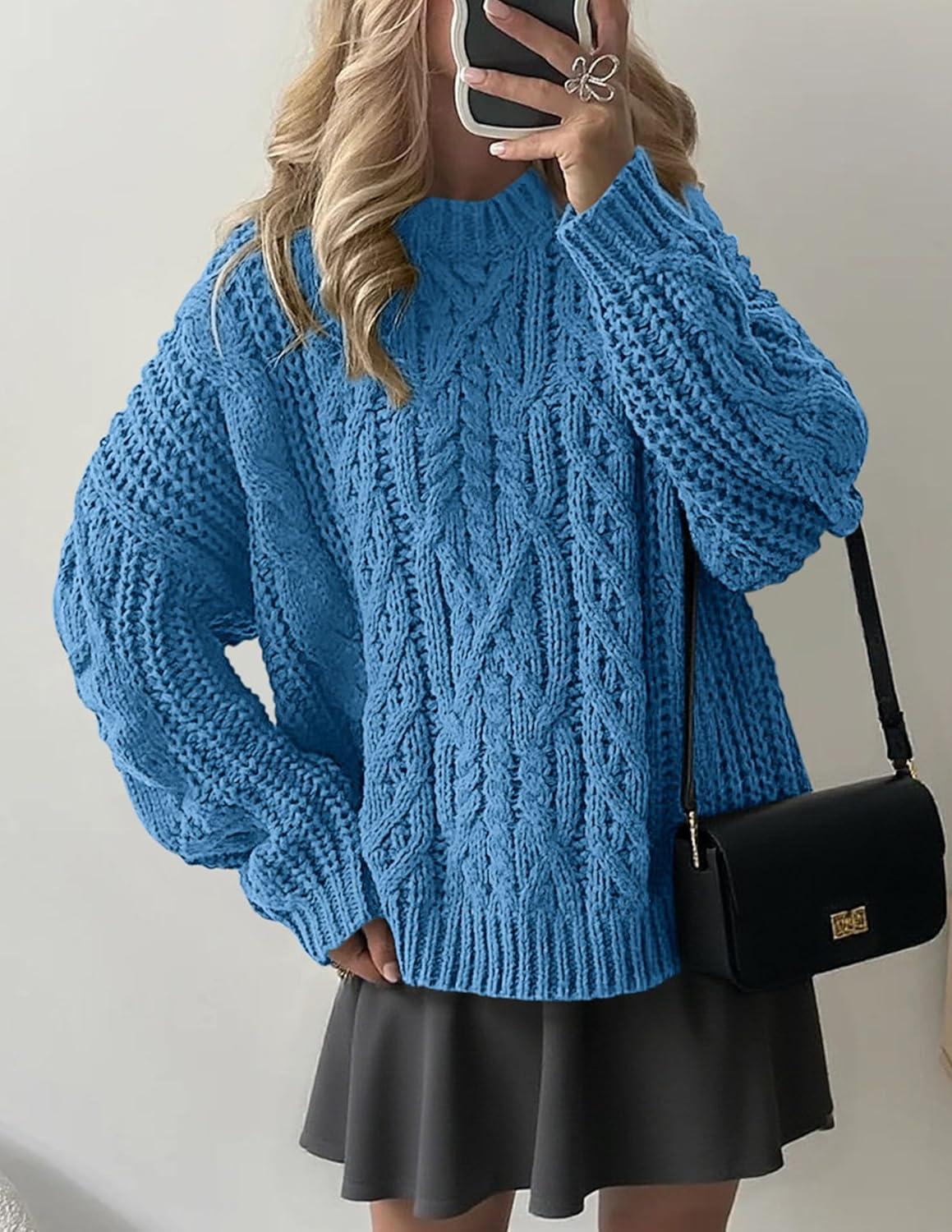 imagePRETTYGARDEN Womens Oversized Fall Sweaters 2025 Casual Long Sleeve Crewneck Chunky Cable Knit Pullover Tops Winter ClothesBlue
