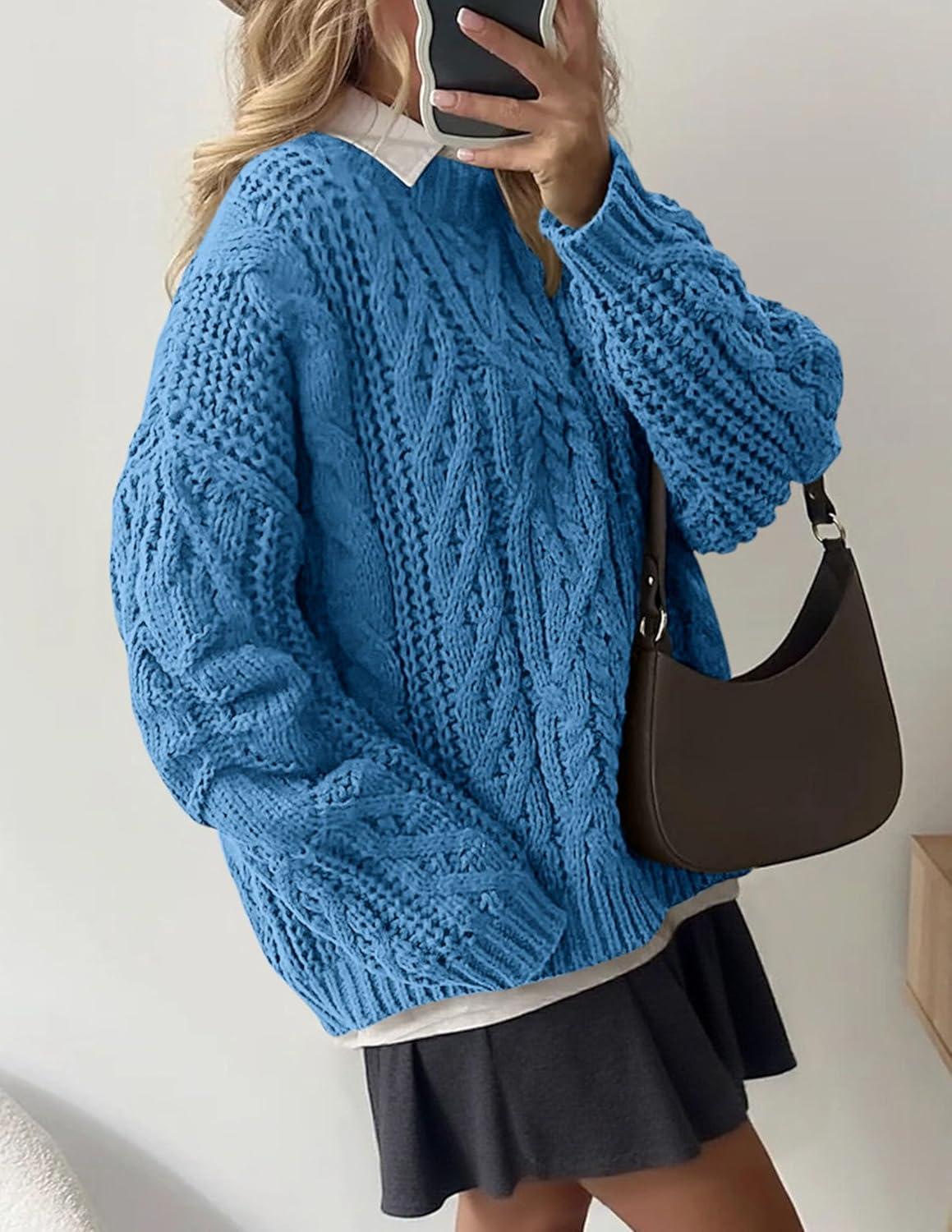 imagePRETTYGARDEN Womens Oversized Fall Sweaters 2025 Casual Long Sleeve Crewneck Chunky Cable Knit Pullover Tops Winter ClothesBlue