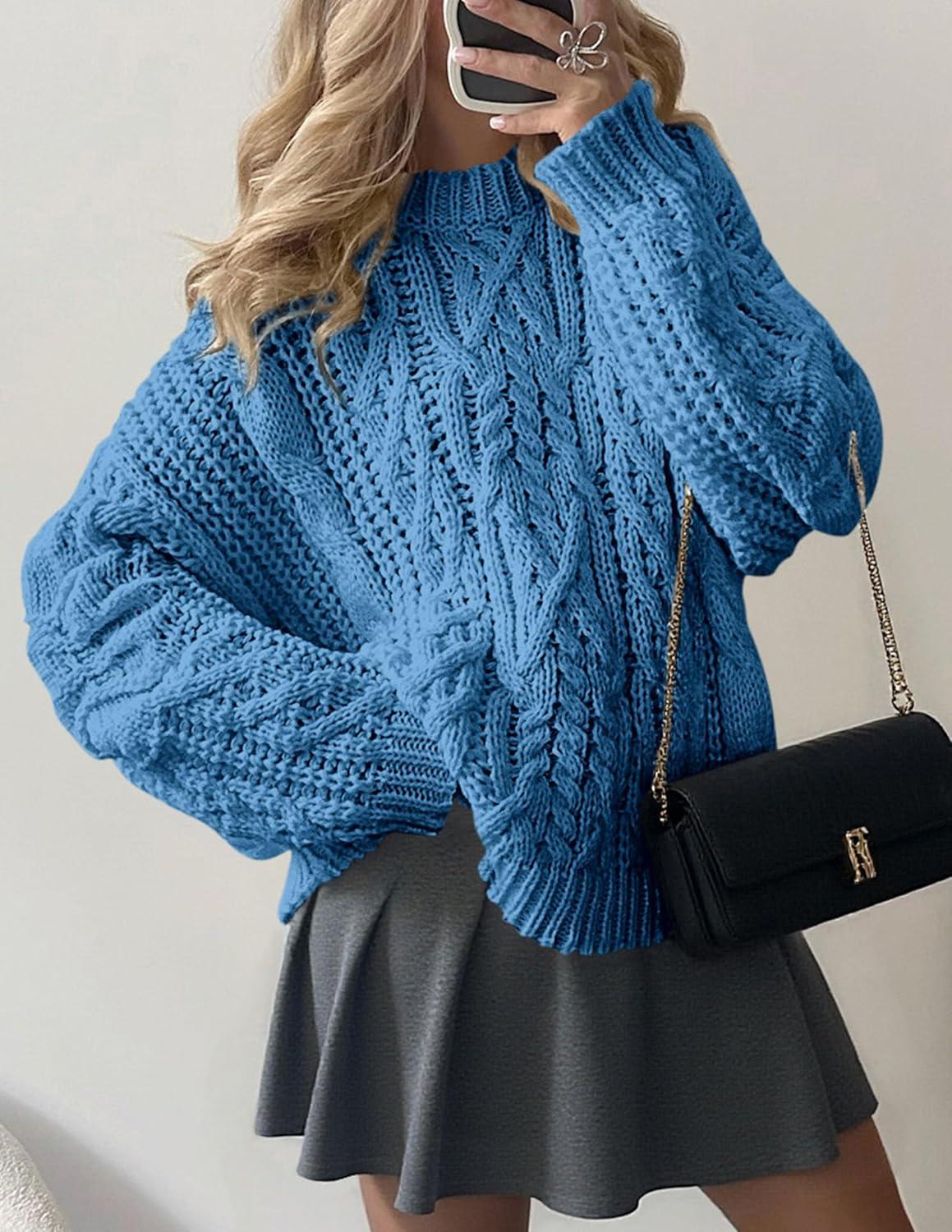 imagePRETTYGARDEN Womens Oversized Fall Sweaters 2025 Casual Long Sleeve Crewneck Chunky Cable Knit Pullover Tops Winter ClothesBlue