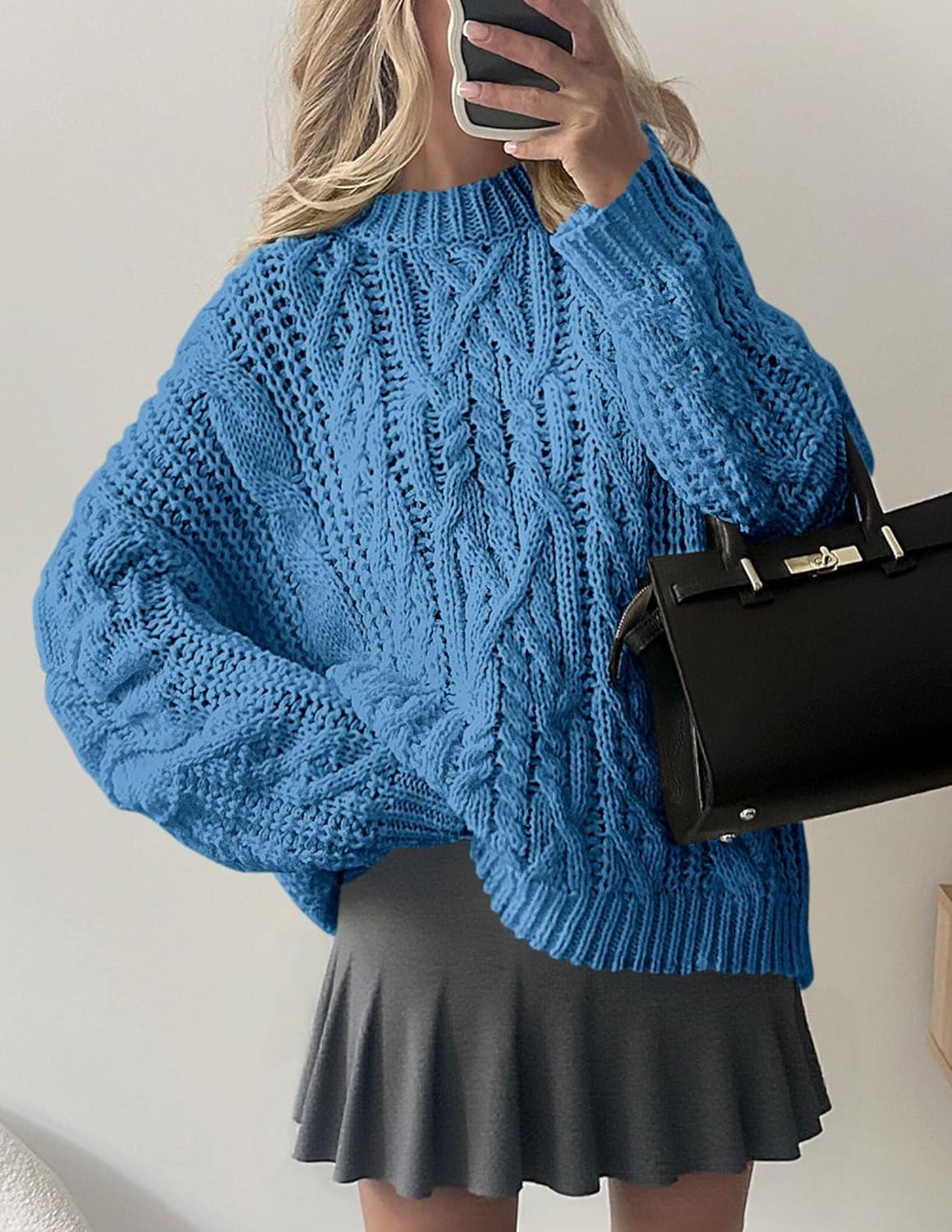 imagePRETTYGARDEN Womens Oversized Fall Sweaters 2025 Casual Long Sleeve Crewneck Chunky Cable Knit Pullover Tops Winter ClothesBlue