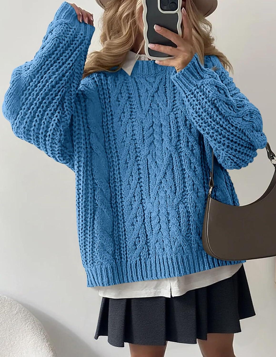 imagePRETTYGARDEN Womens Oversized Fall Sweaters 2025 Casual Long Sleeve Crewneck Chunky Cable Knit Pullover Tops Winter ClothesBlue