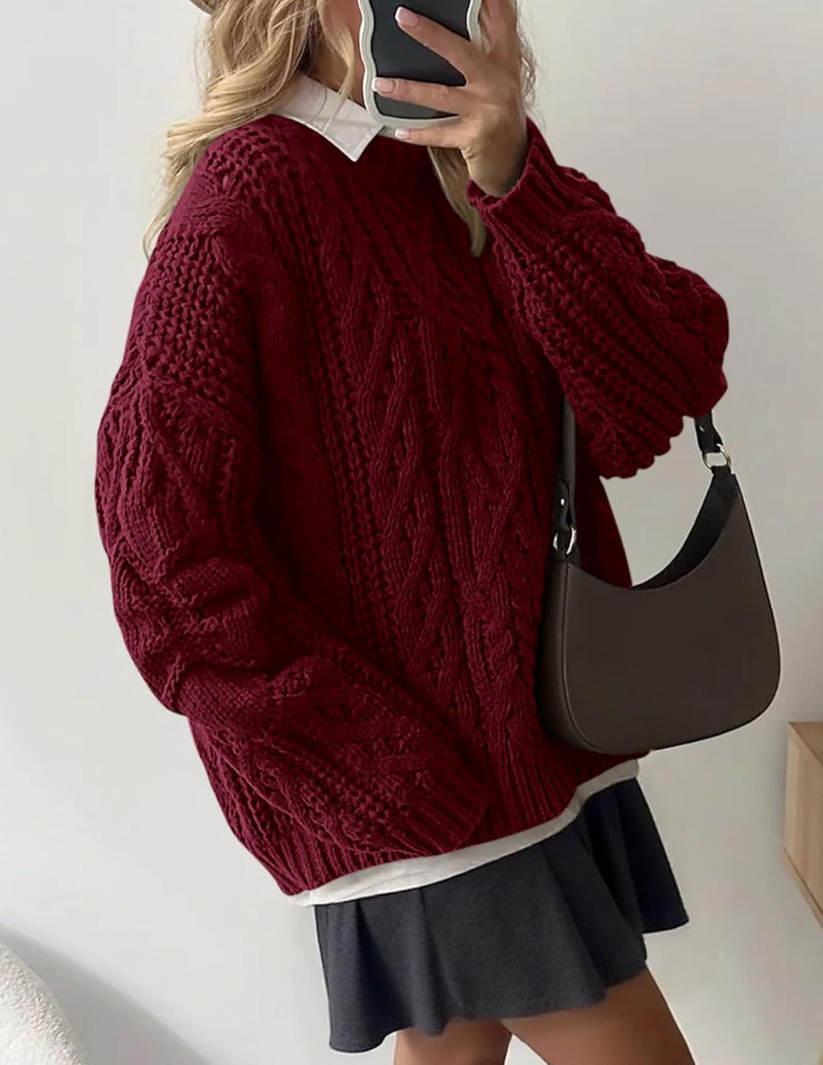 imagePRETTYGARDEN Womens Oversized Fall Sweaters 2025 Casual Long Sleeve Crewneck Chunky Cable Knit Pullover Tops Winter ClothesBurgundy