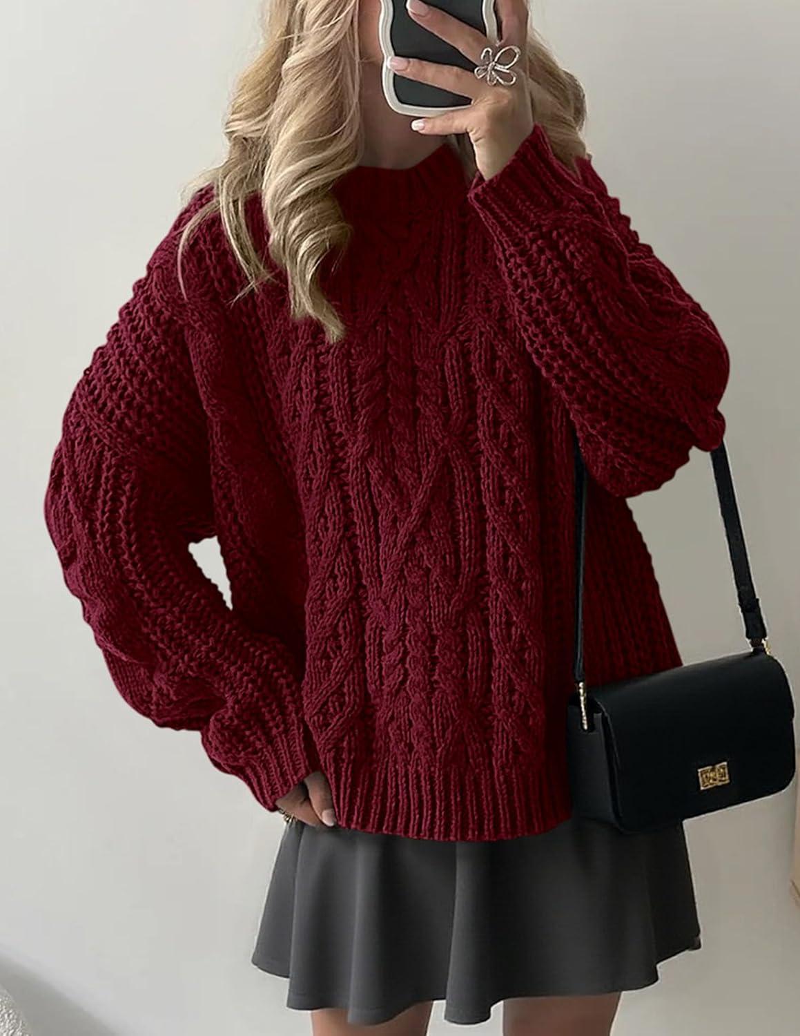 imagePRETTYGARDEN Womens Oversized Fall Sweaters 2025 Casual Long Sleeve Crewneck Chunky Cable Knit Pullover Tops Winter ClothesBurgundy