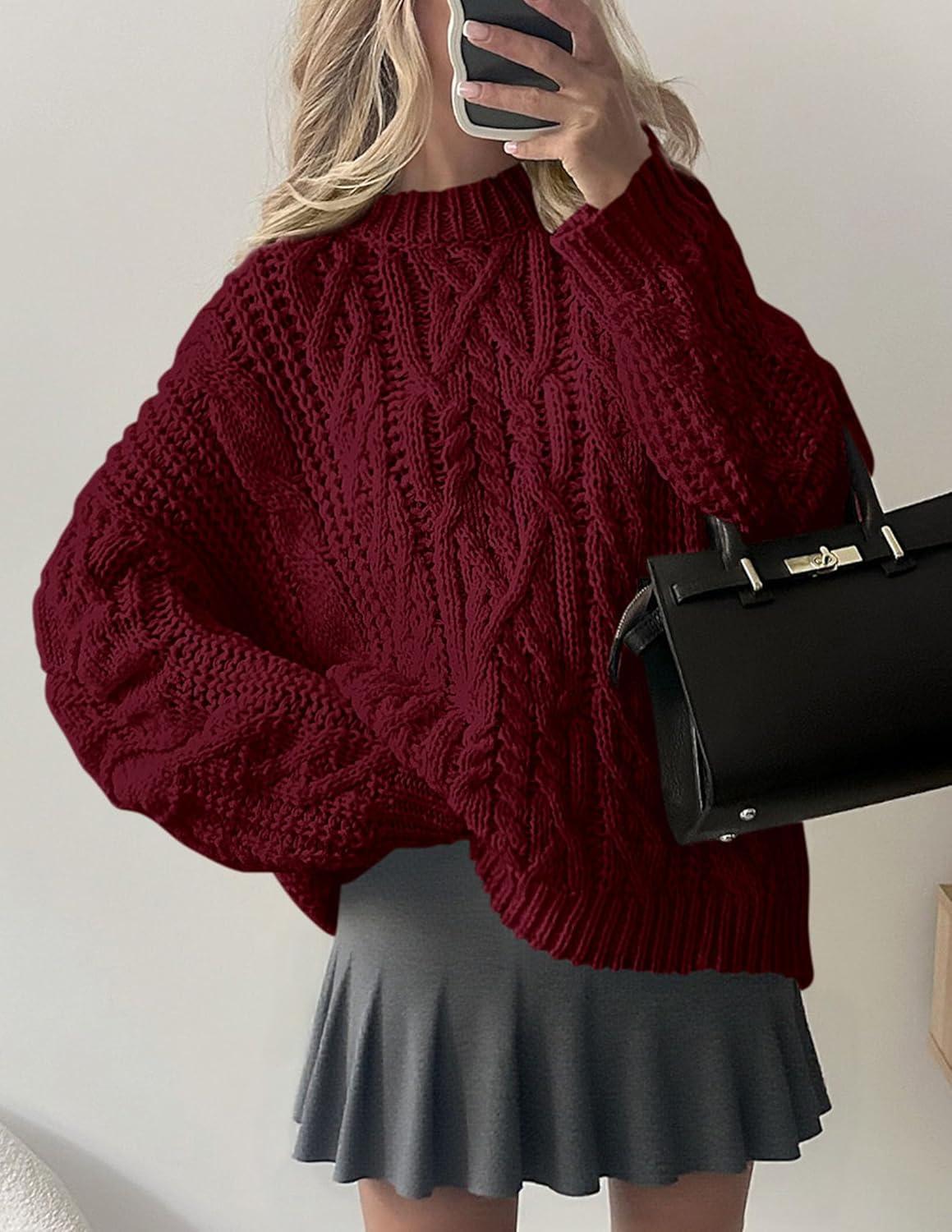 imagePRETTYGARDEN Womens Oversized Fall Sweaters 2025 Casual Long Sleeve Crewneck Chunky Cable Knit Pullover Tops Winter ClothesBurgundy
