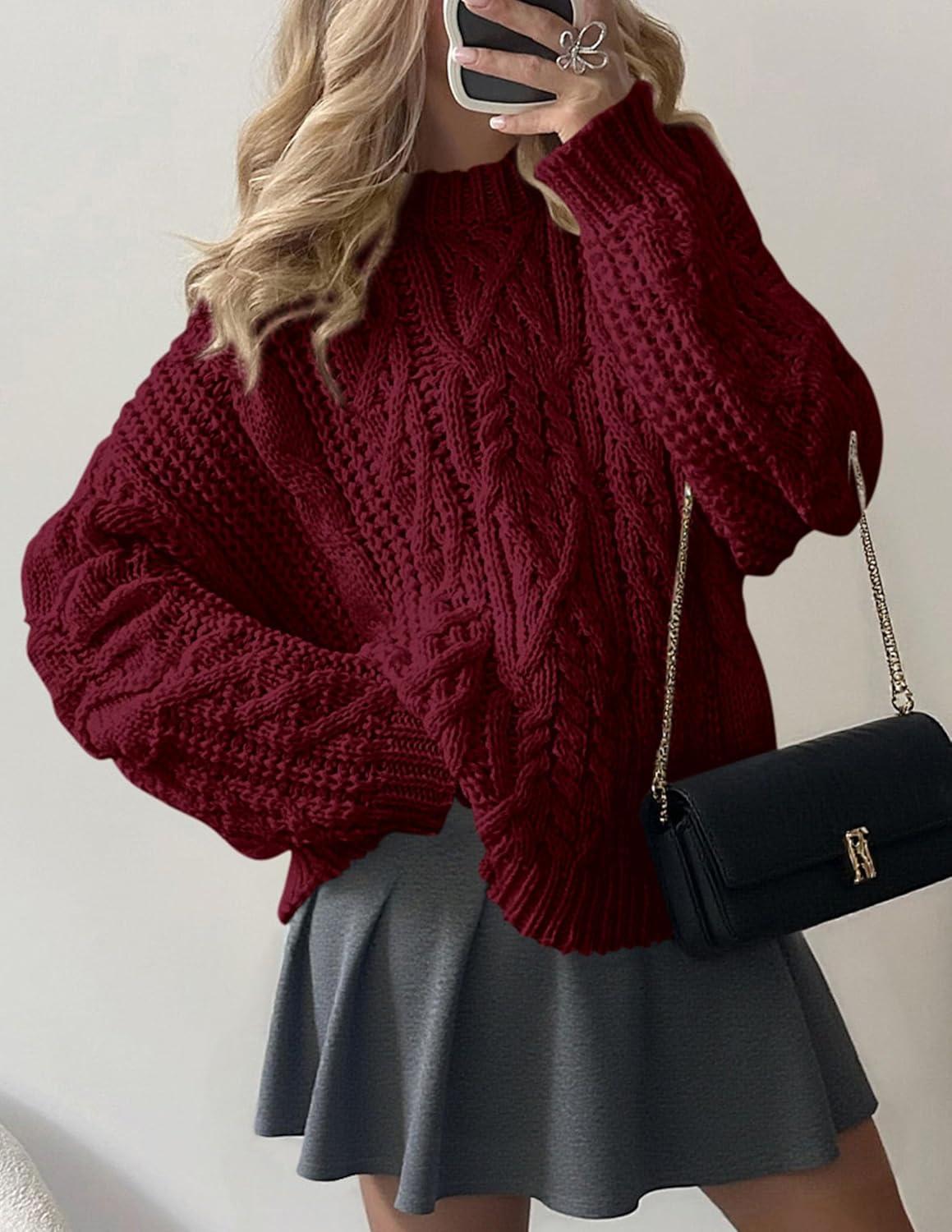 imagePRETTYGARDEN Womens Oversized Fall Sweaters 2025 Casual Long Sleeve Crewneck Chunky Cable Knit Pullover Tops Winter ClothesBurgundy