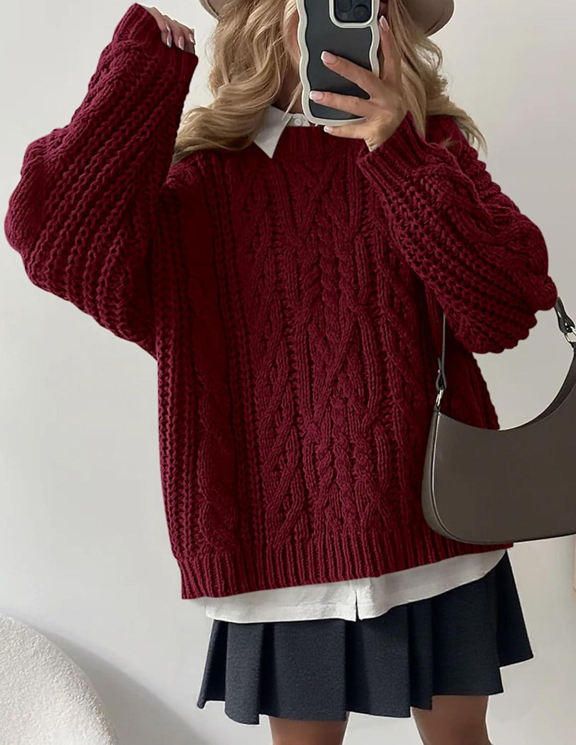 imagePRETTYGARDEN Womens Oversized Fall Sweaters 2025 Casual Long Sleeve Crewneck Chunky Cable Knit Pullover Tops Winter ClothesBurgundy
