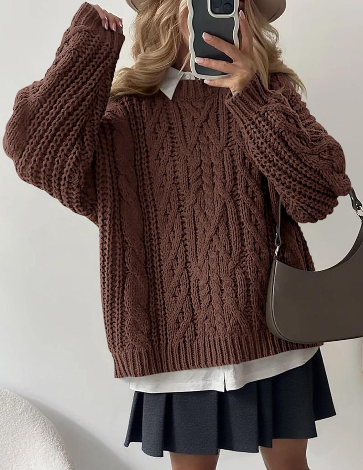 imagePRETTYGARDEN Womens Oversized Fall Sweaters 2025 Casual Long Sleeve Crewneck Chunky Cable Knit Pullover Tops Winter ClothesCoffee