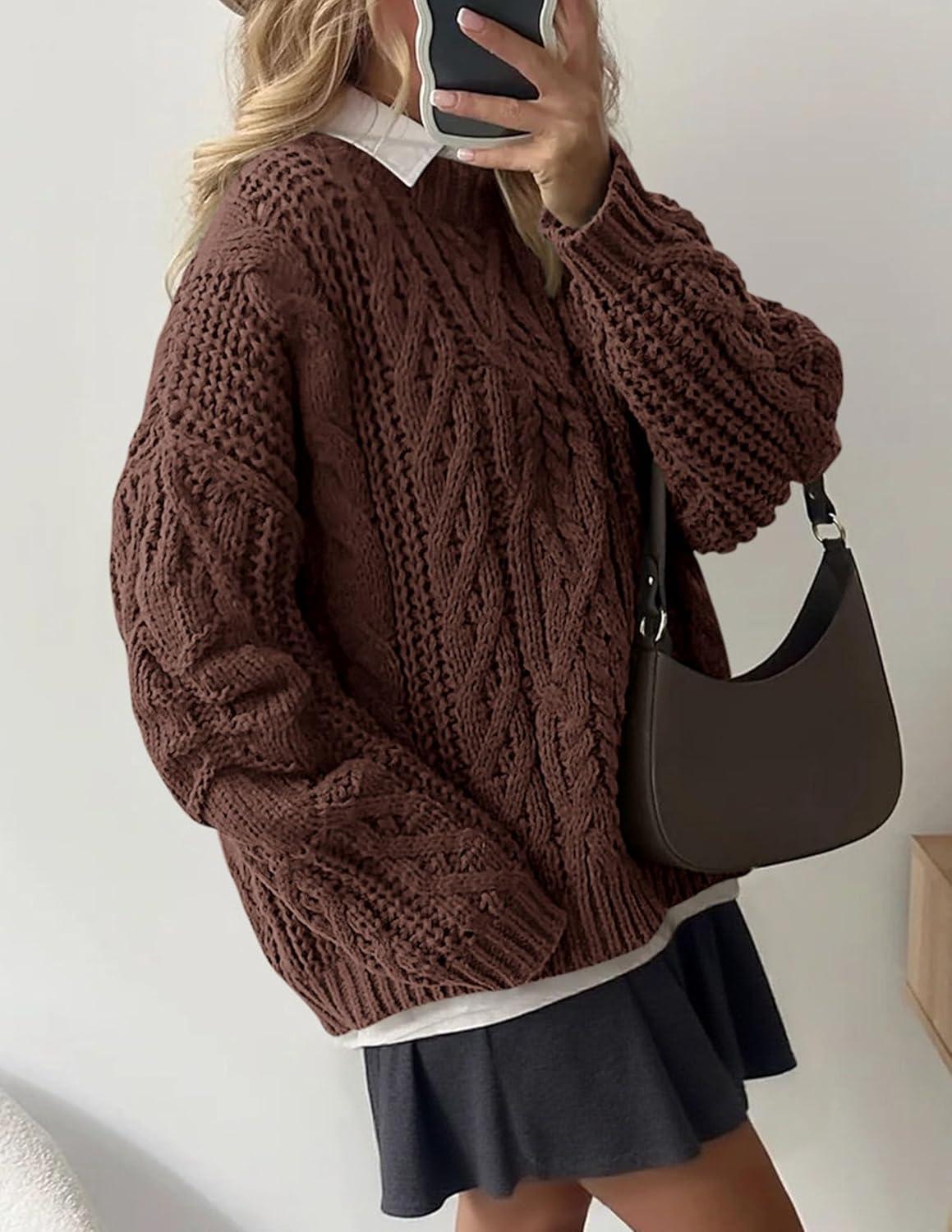 imagePRETTYGARDEN Womens Oversized Fall Sweaters 2025 Casual Long Sleeve Crewneck Chunky Cable Knit Pullover Tops Winter ClothesCoffee
