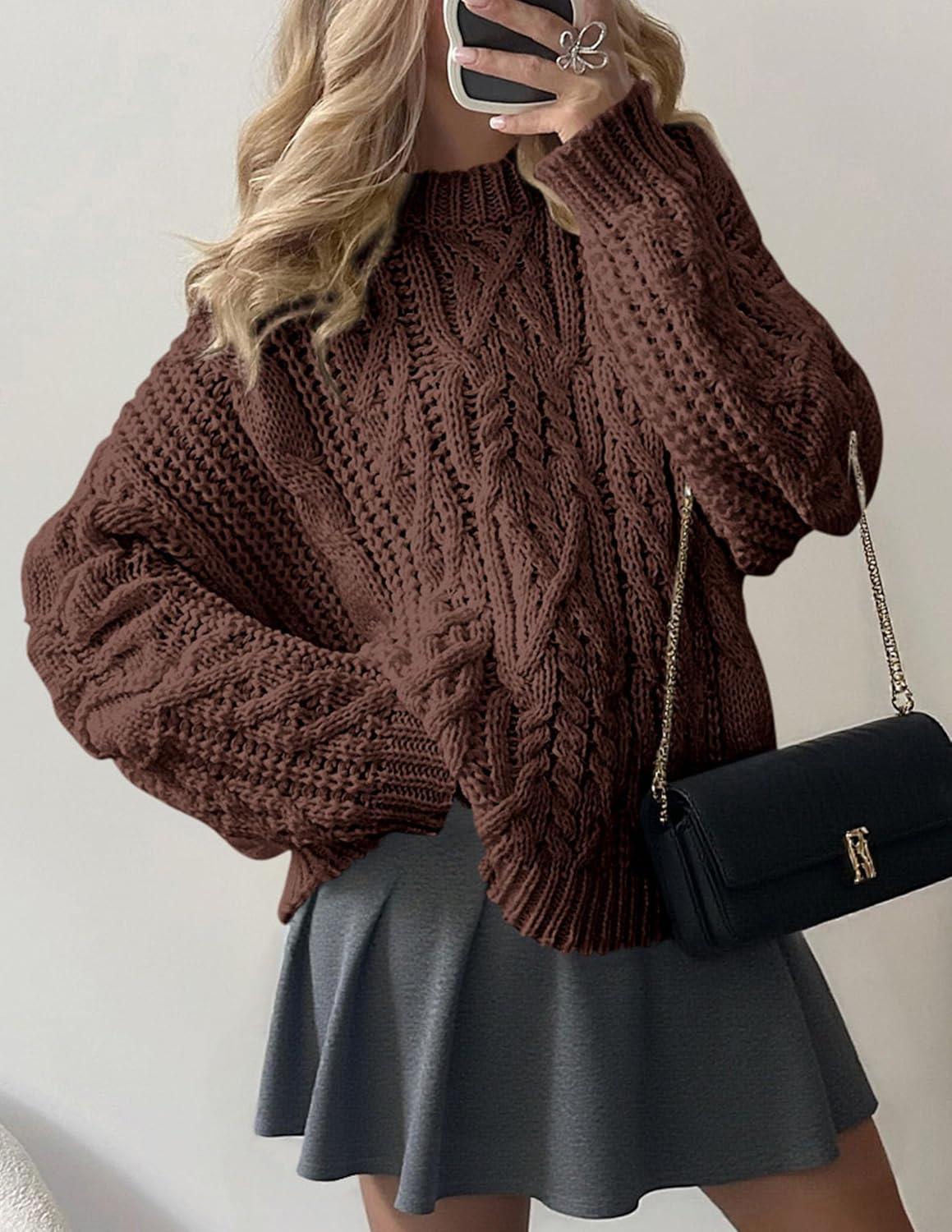 imagePRETTYGARDEN Womens Oversized Fall Sweaters 2025 Casual Long Sleeve Crewneck Chunky Cable Knit Pullover Tops Winter ClothesCoffee