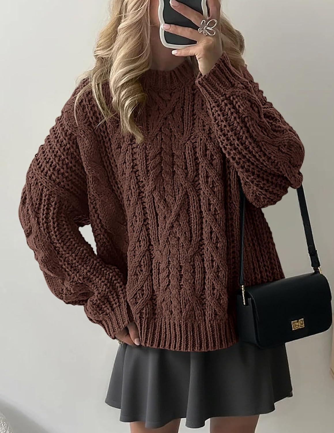 imagePRETTYGARDEN Womens Oversized Fall Sweaters 2025 Casual Long Sleeve Crewneck Chunky Cable Knit Pullover Tops Winter ClothesCoffee