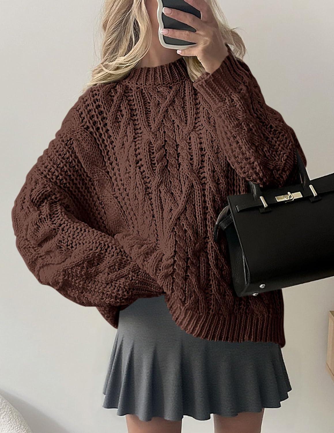 imagePRETTYGARDEN Womens Oversized Fall Sweaters 2025 Casual Long Sleeve Crewneck Chunky Cable Knit Pullover Tops Winter ClothesCoffee