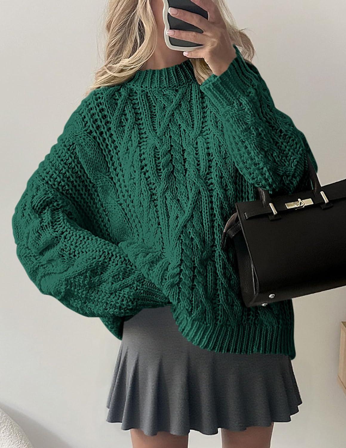 imagePRETTYGARDEN Womens Oversized Fall Sweaters 2025 Casual Long Sleeve Crewneck Chunky Cable Knit Pullover Tops Winter ClothesGreen