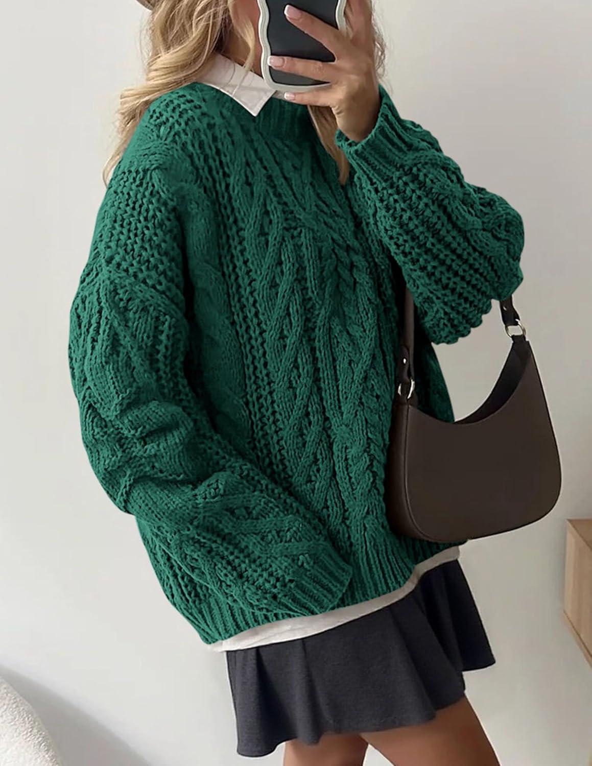 imagePRETTYGARDEN Womens Oversized Fall Sweaters 2025 Casual Long Sleeve Crewneck Chunky Cable Knit Pullover Tops Winter ClothesGreen