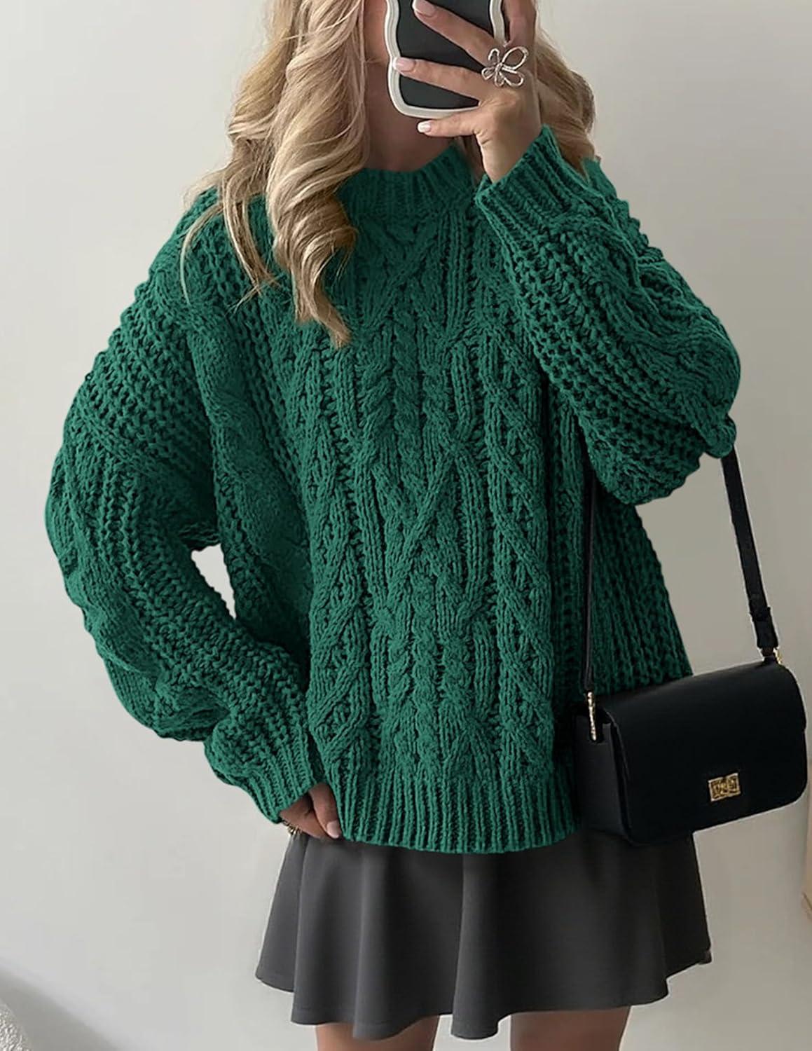 imagePRETTYGARDEN Womens Oversized Fall Sweaters 2025 Casual Long Sleeve Crewneck Chunky Cable Knit Pullover Tops Winter ClothesGreen