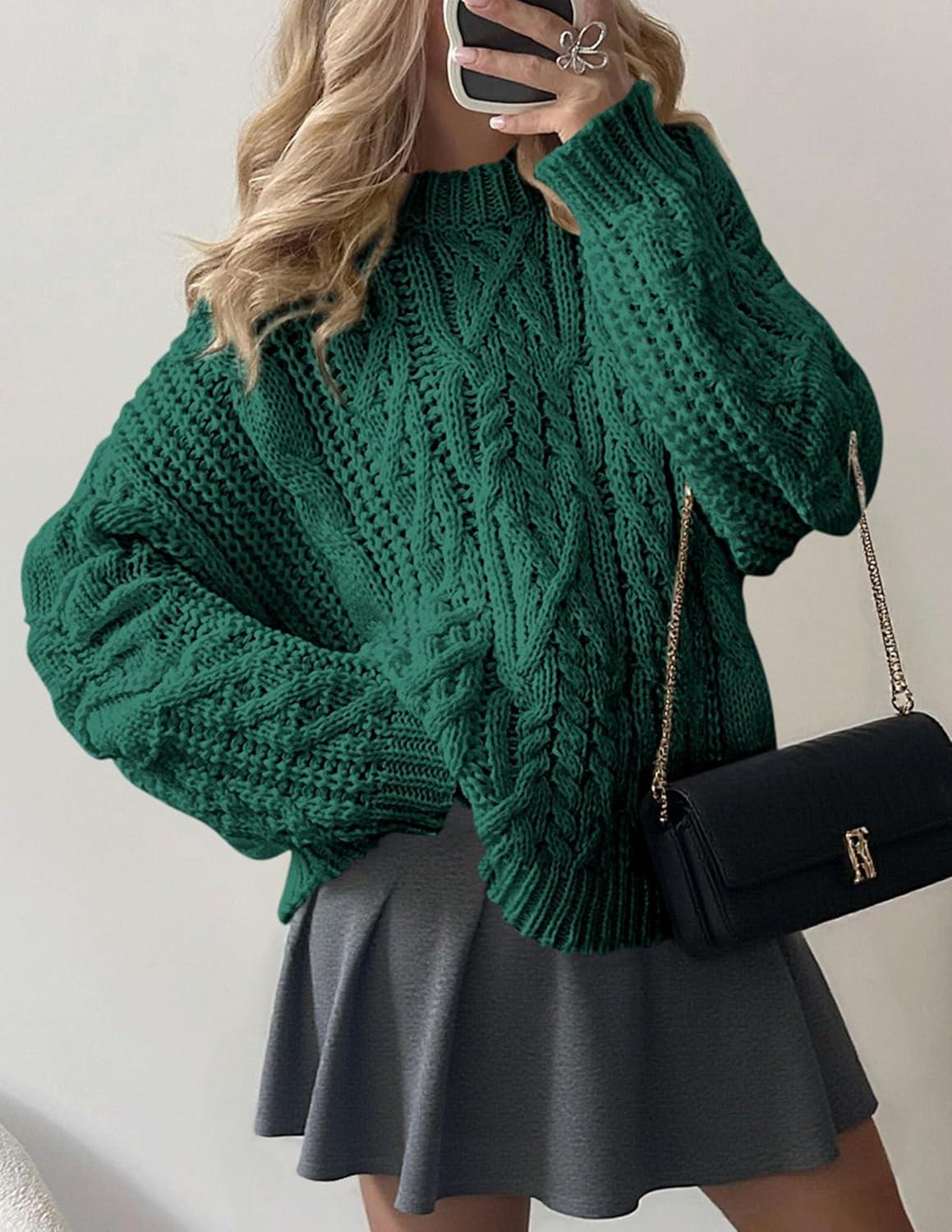 imagePRETTYGARDEN Womens Oversized Fall Sweaters 2025 Casual Long Sleeve Crewneck Chunky Cable Knit Pullover Tops Winter ClothesGreen