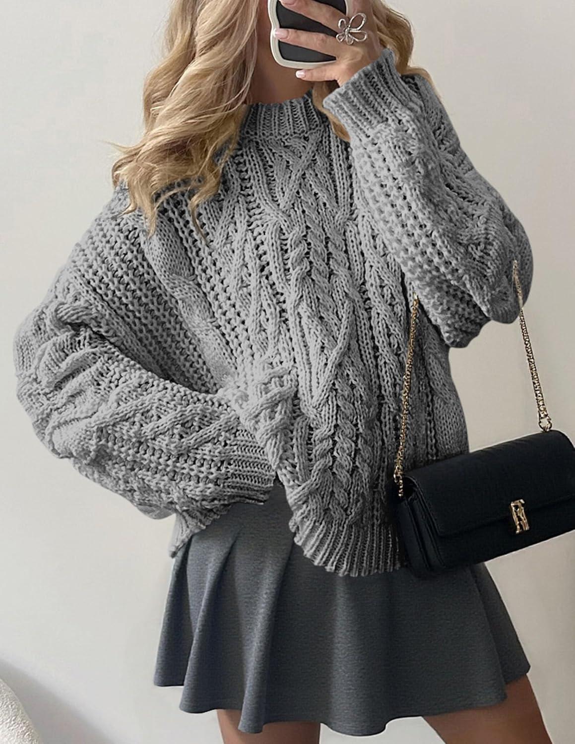 imagePRETTYGARDEN Womens Oversized Fall Sweaters 2025 Casual Long Sleeve Crewneck Chunky Cable Knit Pullover Tops Winter ClothesGrey