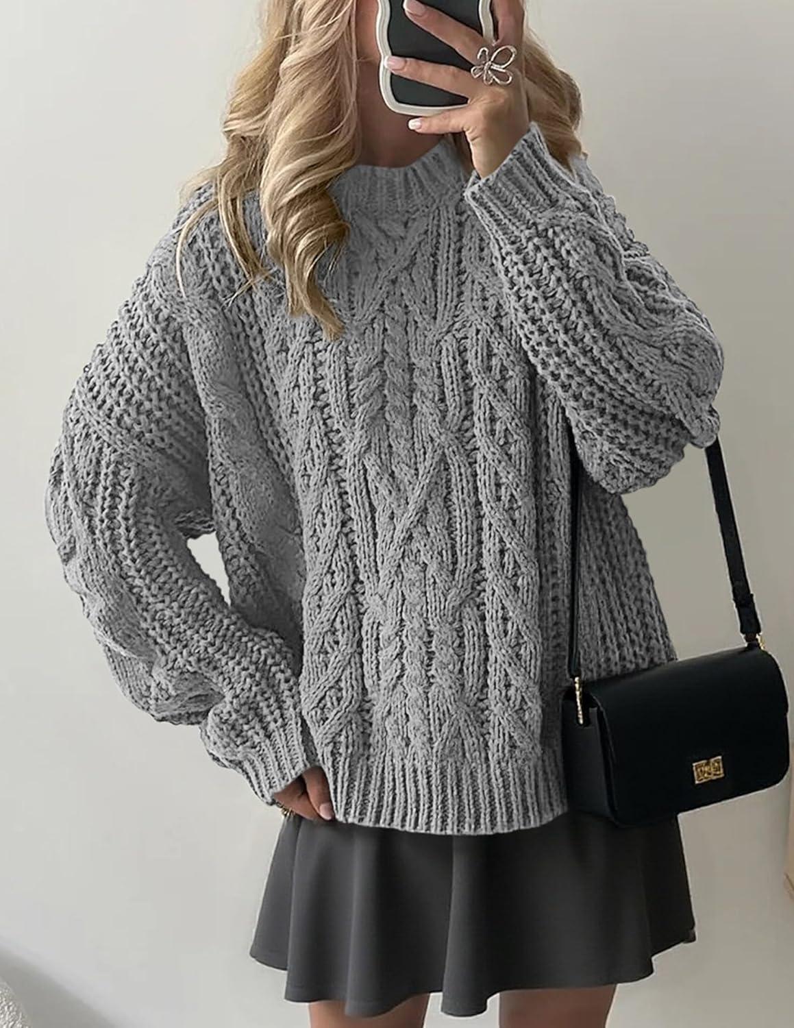 imagePRETTYGARDEN Womens Oversized Fall Sweaters 2025 Casual Long Sleeve Crewneck Chunky Cable Knit Pullover Tops Winter ClothesGrey