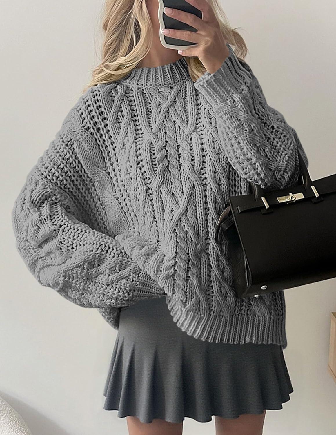 imagePRETTYGARDEN Womens Oversized Fall Sweaters 2025 Casual Long Sleeve Crewneck Chunky Cable Knit Pullover Tops Winter ClothesGrey