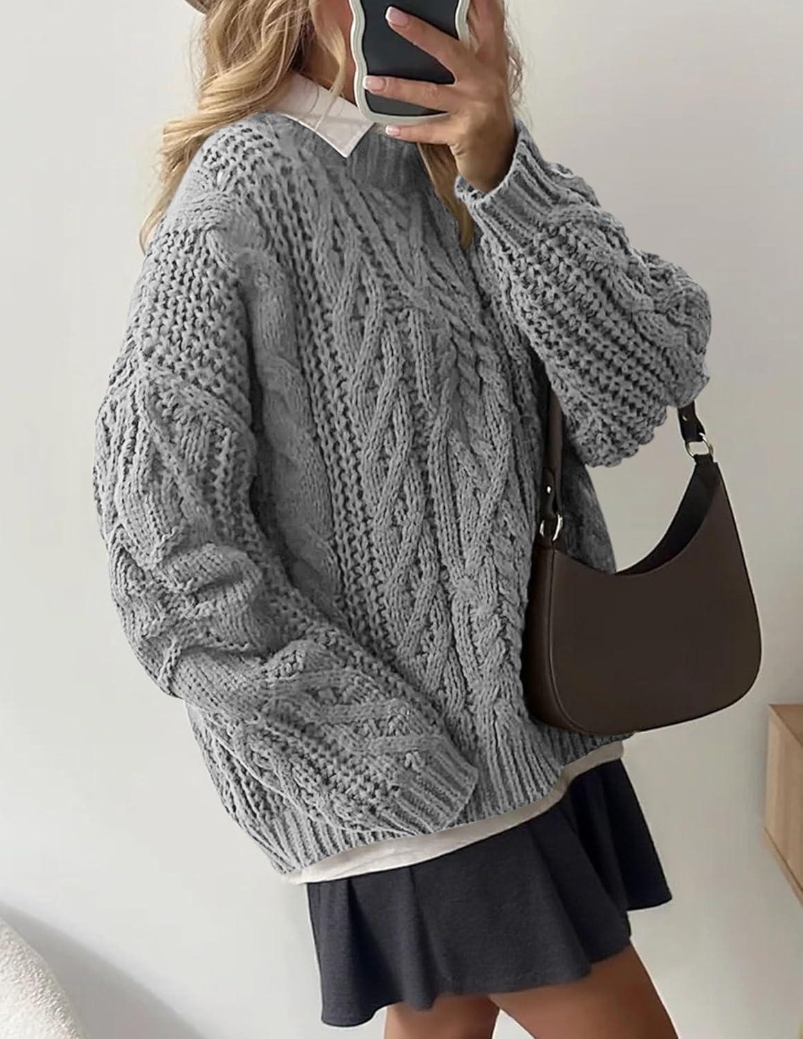 imagePRETTYGARDEN Womens Oversized Fall Sweaters 2025 Casual Long Sleeve Crewneck Chunky Cable Knit Pullover Tops Winter ClothesGrey