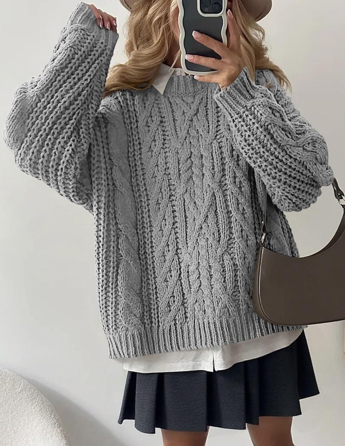 imagePRETTYGARDEN Womens Oversized Fall Sweaters 2025 Casual Long Sleeve Crewneck Chunky Cable Knit Pullover Tops Winter ClothesGrey