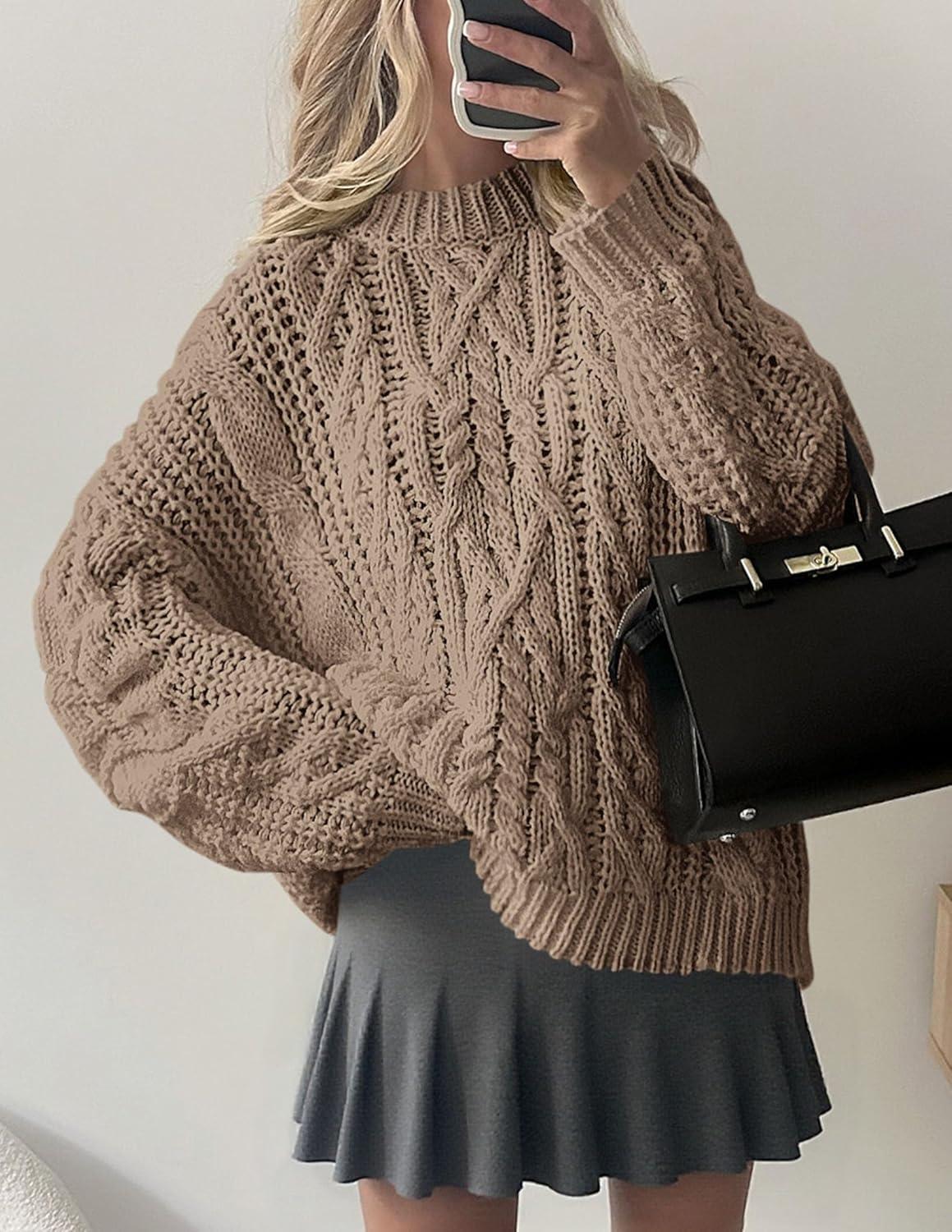 imagePRETTYGARDEN Womens Oversized Fall Sweaters 2025 Casual Long Sleeve Crewneck Chunky Cable Knit Pullover Tops Winter ClothesLight Khaki