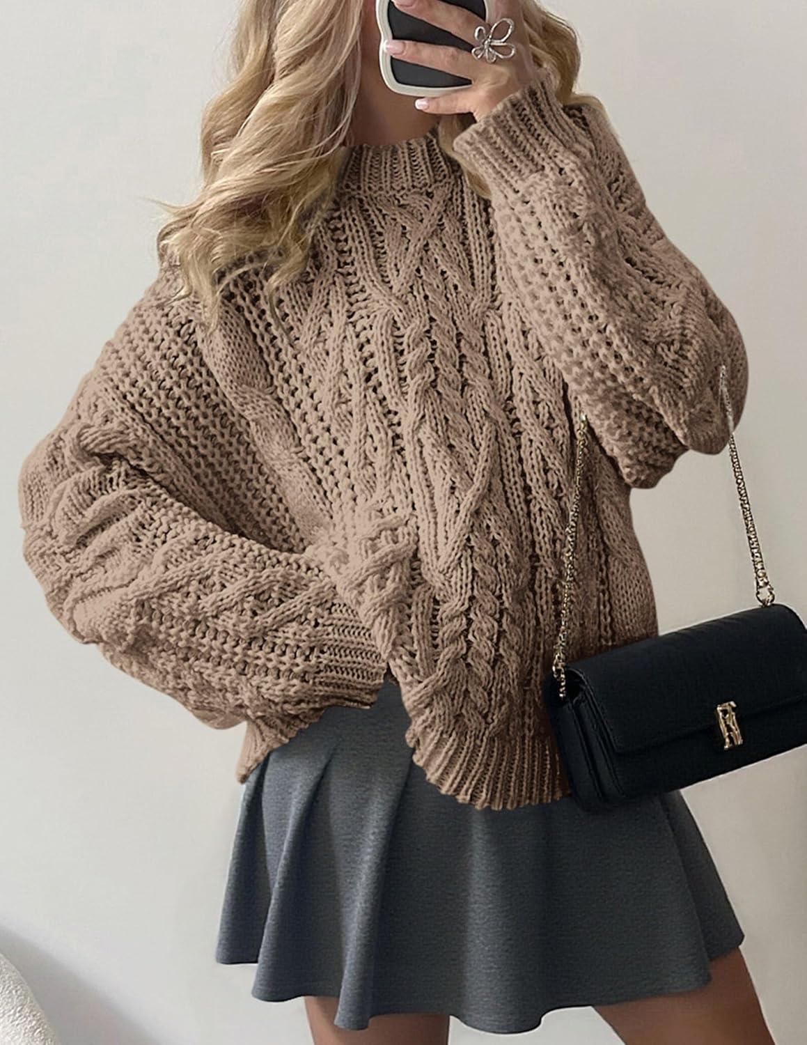 imagePRETTYGARDEN Womens Oversized Fall Sweaters 2025 Casual Long Sleeve Crewneck Chunky Cable Knit Pullover Tops Winter ClothesLight Khaki