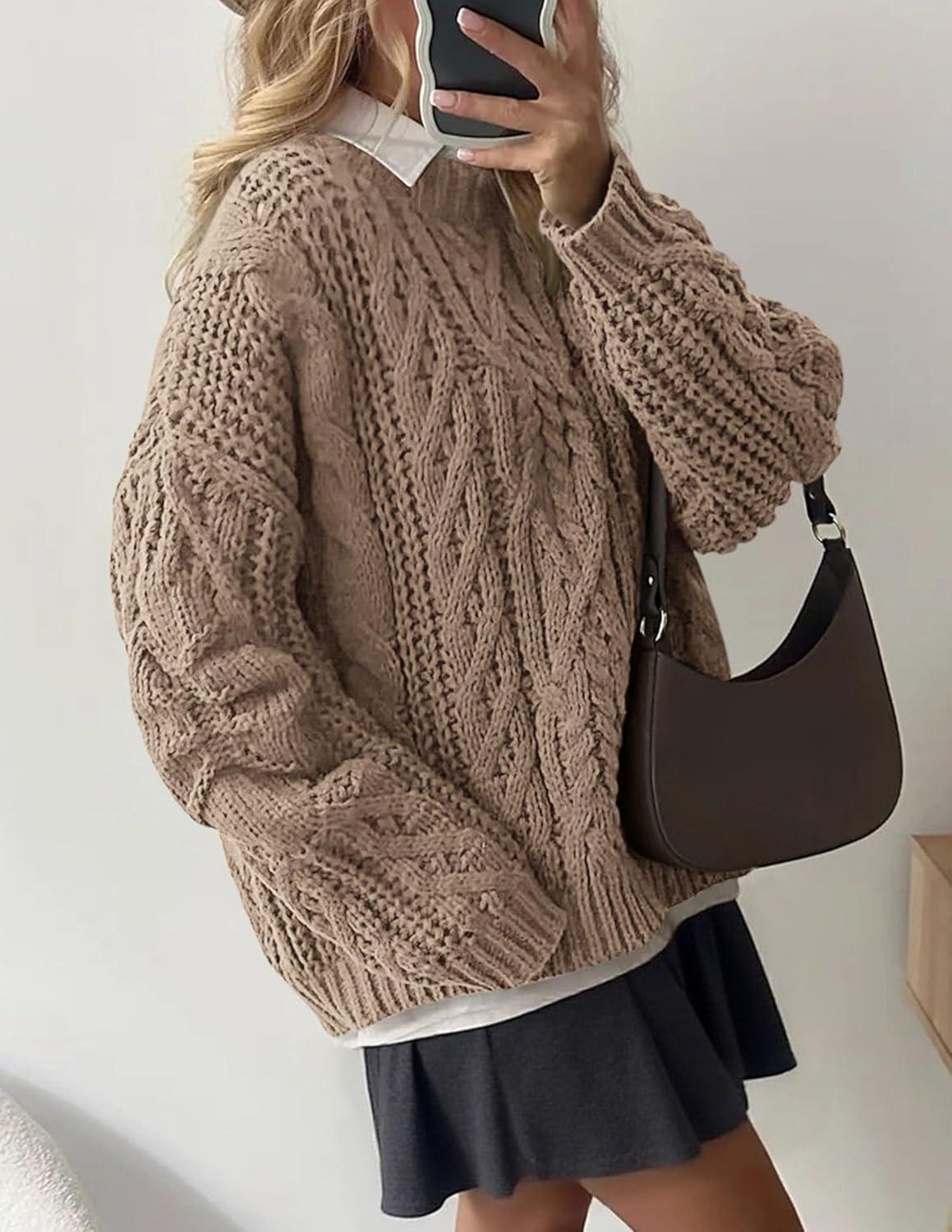 imagePRETTYGARDEN Womens Oversized Fall Sweaters 2025 Casual Long Sleeve Crewneck Chunky Cable Knit Pullover Tops Winter ClothesLight Khaki