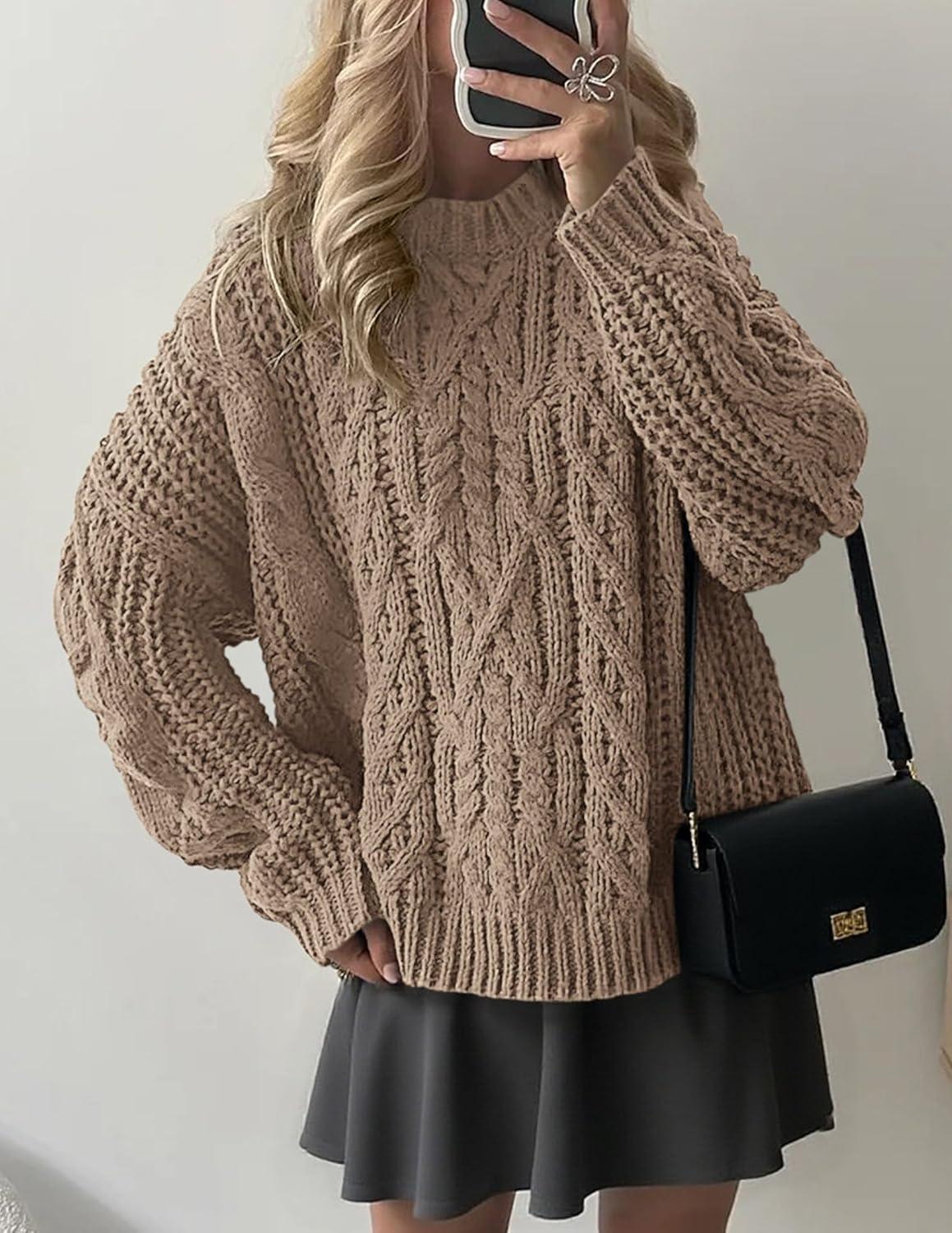 imagePRETTYGARDEN Womens Oversized Fall Sweaters 2025 Casual Long Sleeve Crewneck Chunky Cable Knit Pullover Tops Winter ClothesLight Khaki