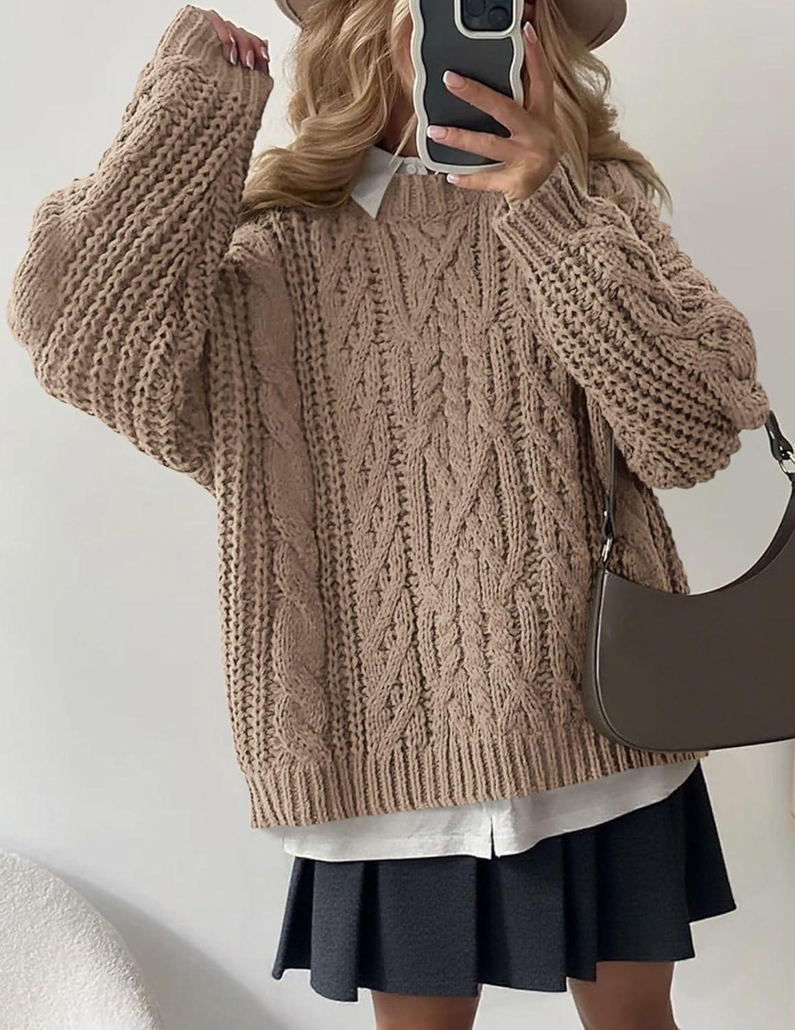 imagePRETTYGARDEN Womens Oversized Fall Sweaters 2025 Casual Long Sleeve Crewneck Chunky Cable Knit Pullover Tops Winter ClothesLight Khaki