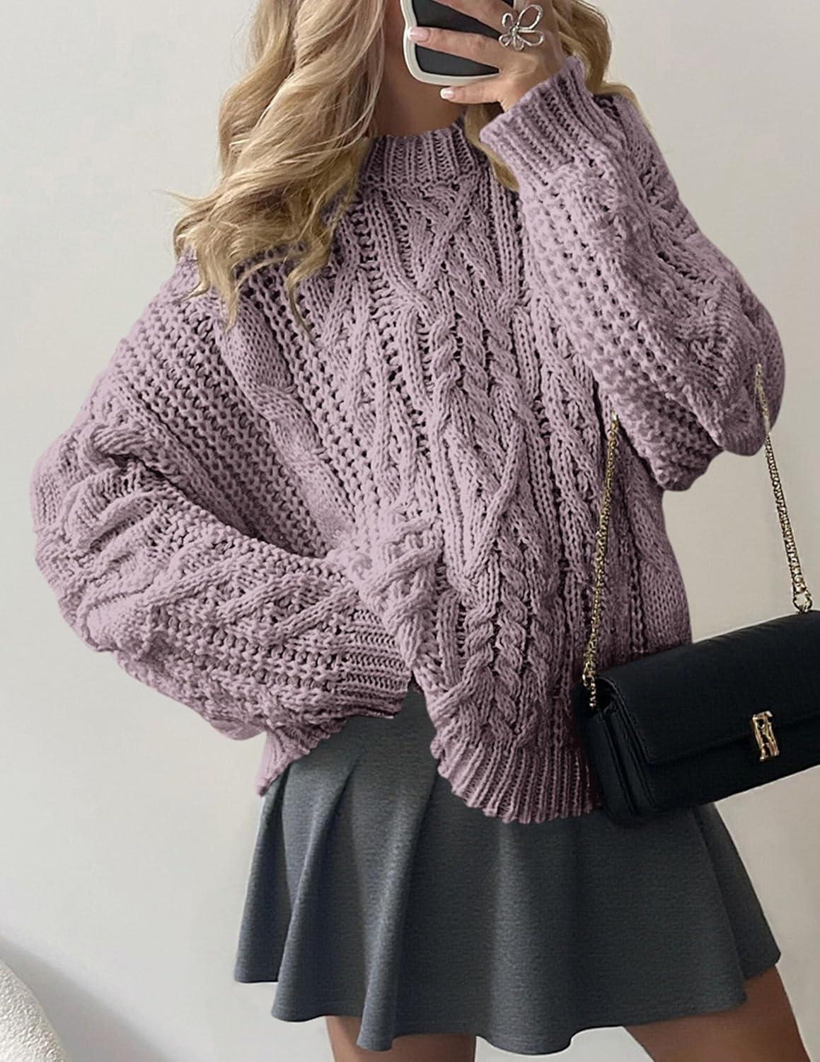 imagePRETTYGARDEN Womens Oversized Fall Sweaters 2025 Casual Long Sleeve Crewneck Chunky Cable Knit Pullover Tops Winter ClothesLight Purple
